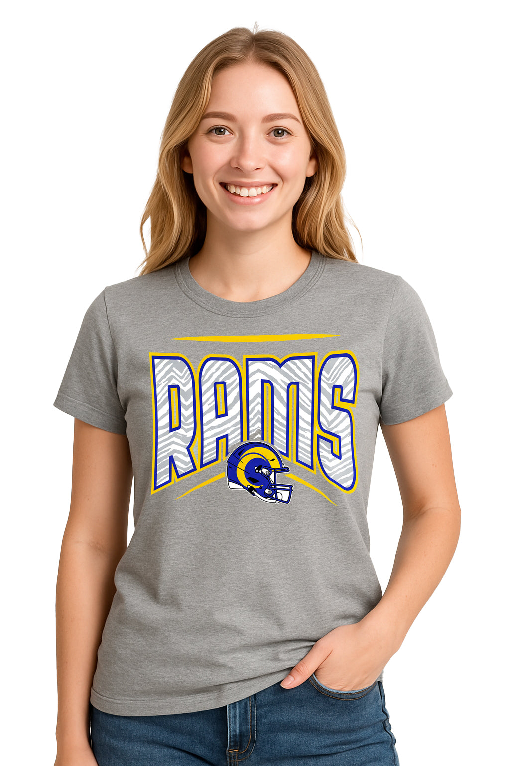 Zubaz NFL Women's Quarterback Heather Gray Color Short Sleeve T-Shirt, Los Angeles Rams