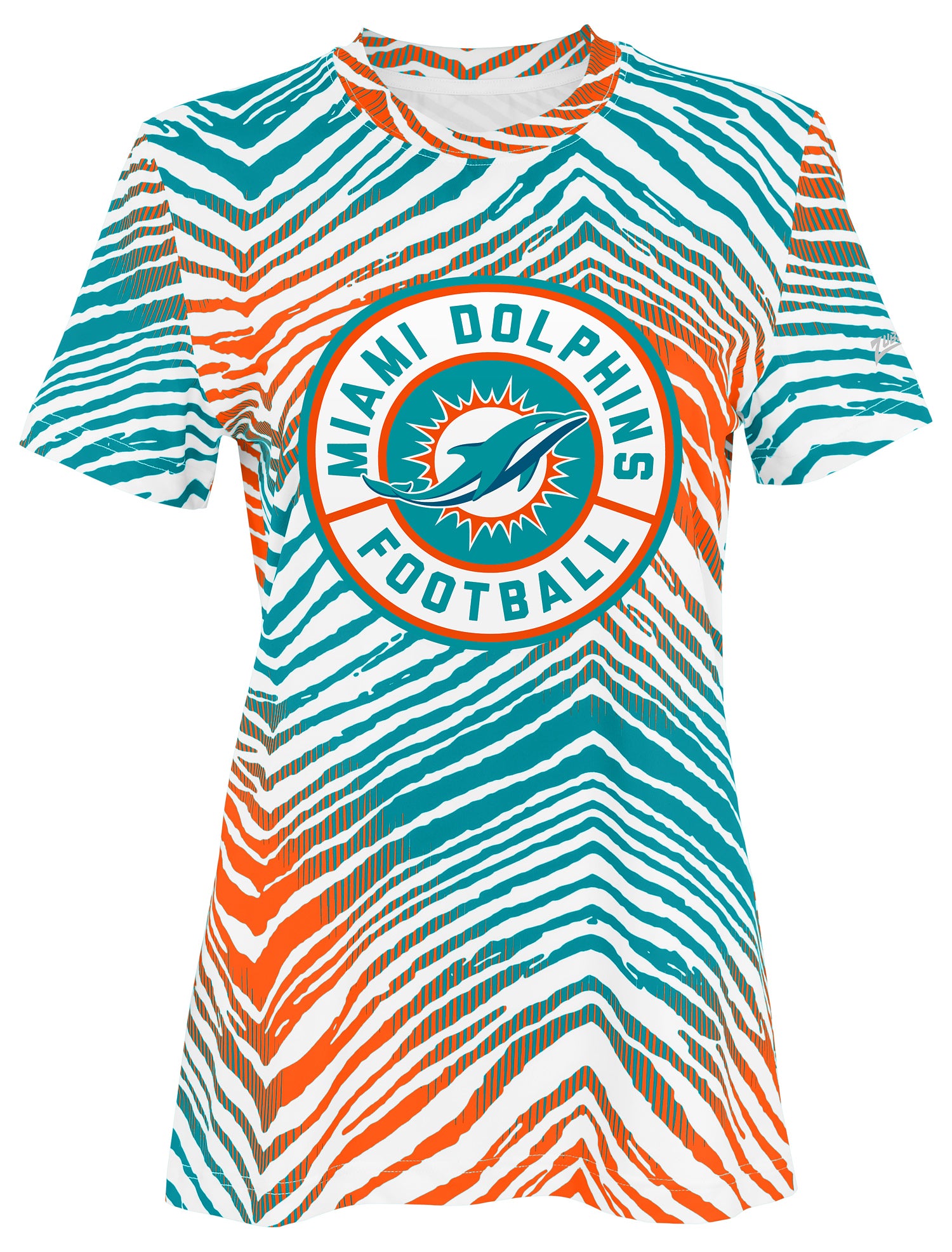 Zubaz NFL Women's Zebra 2 Team Color Circle Logo Short Sleeve T-Shirt, Miami Dolphins
