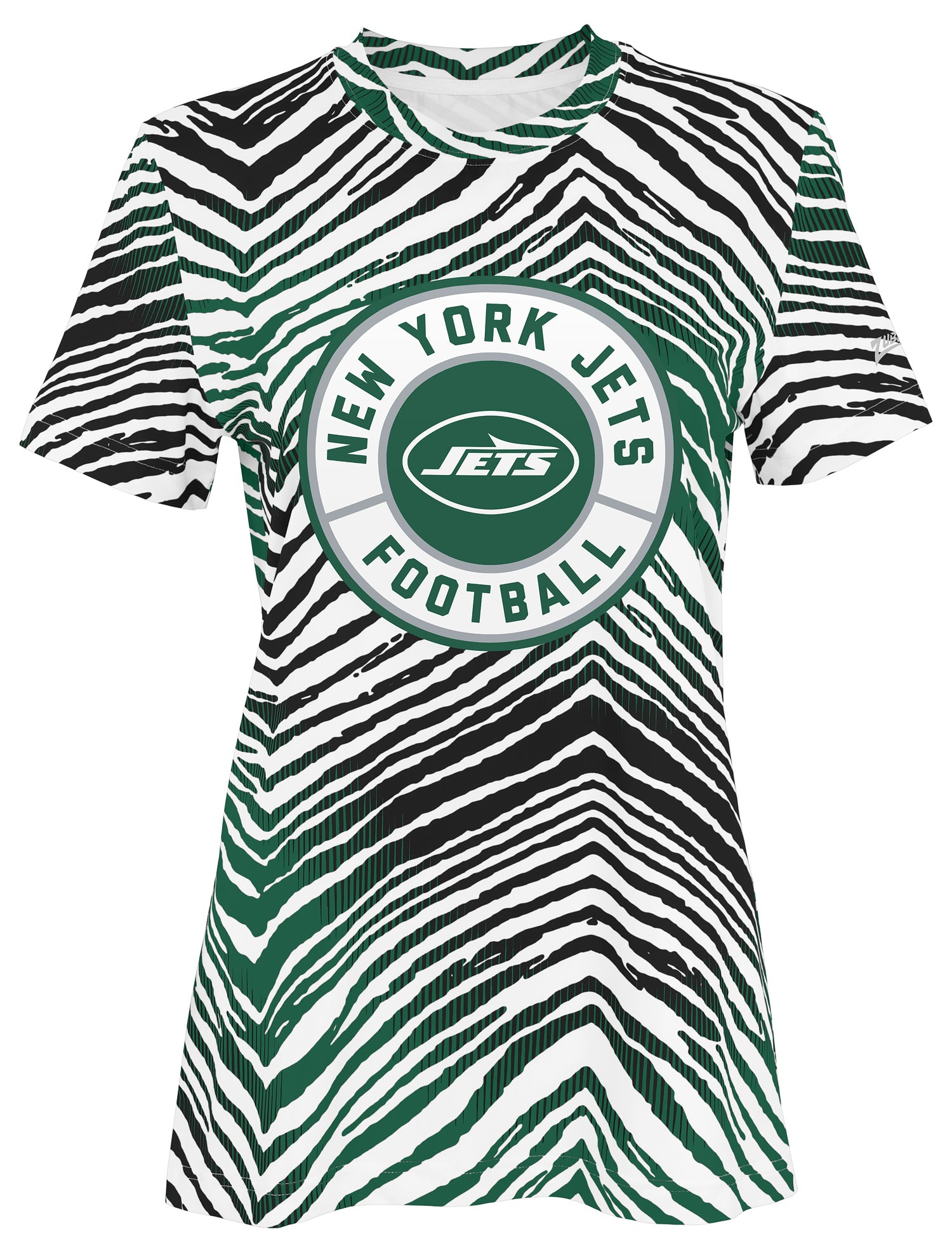 Zubaz NFL Women's Zebra 2 Team Color Circle Logo Short Sleeve T-Shirt, New York Jets