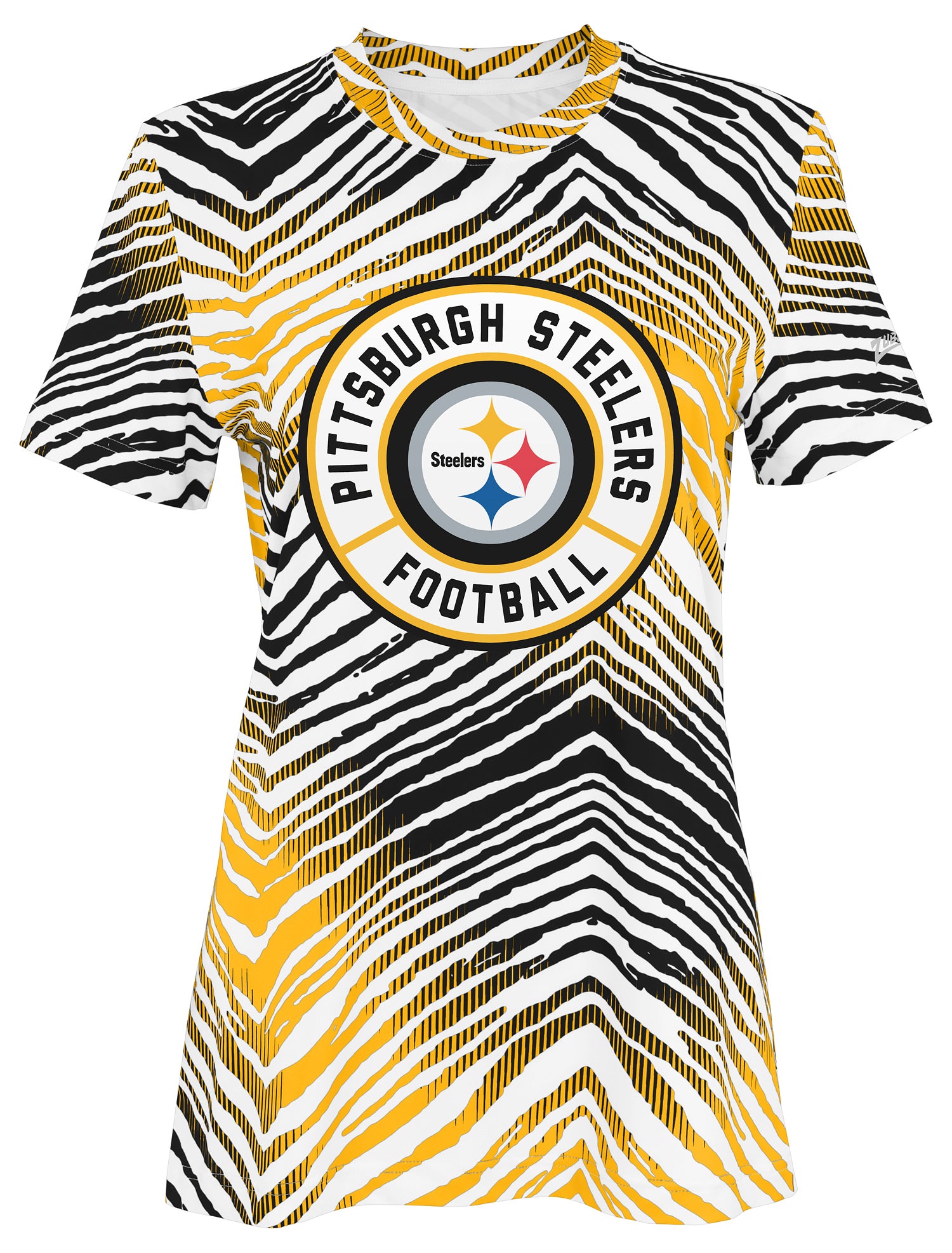 Zubaz NFL Women's Zebra 2 Team Color Circle Logo Short Sleeve T-Shirt, Pittsburgh Steelers