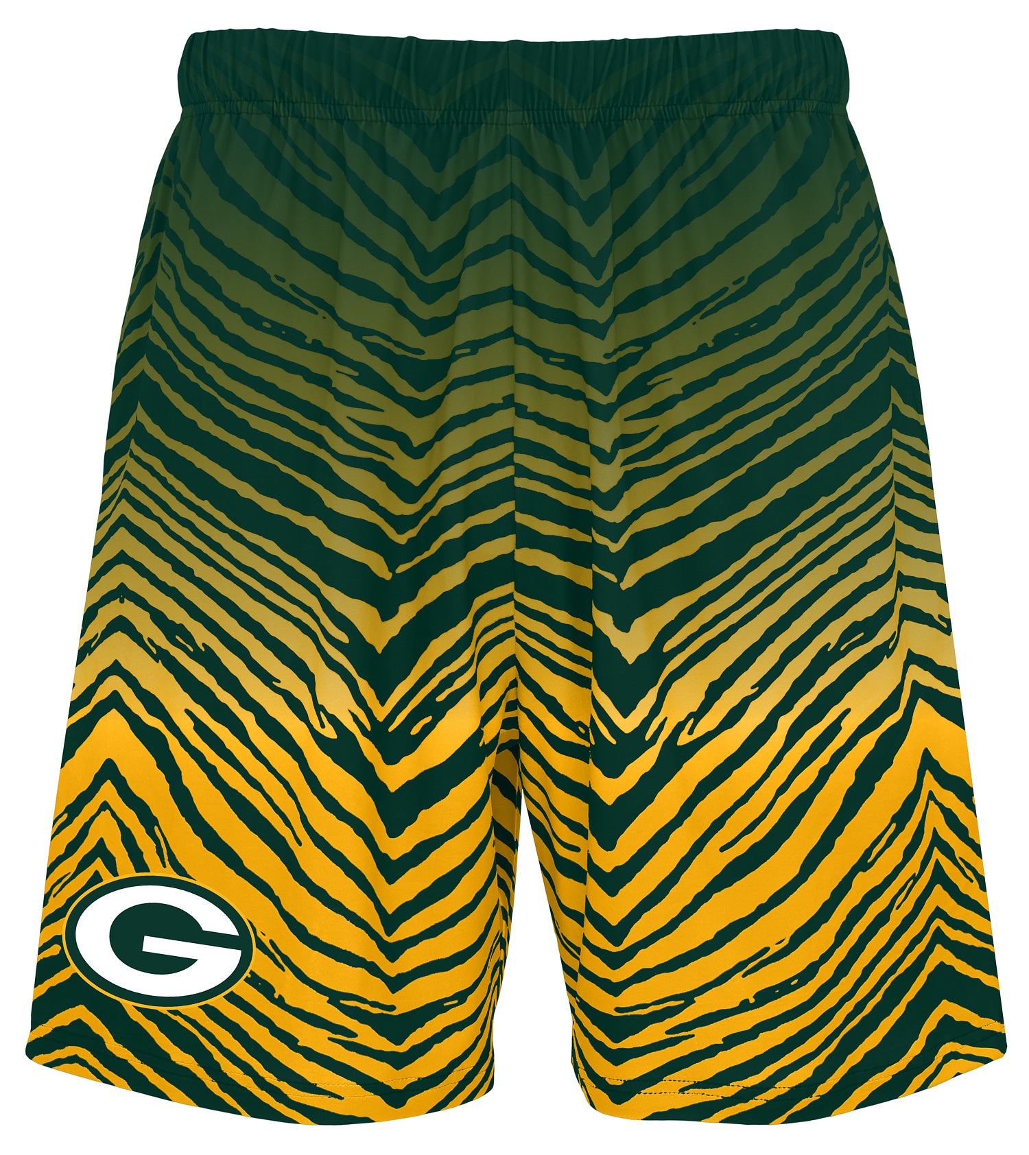 Zubaz NFL Men's 7in Fade Primary Stacked Text Shorts, Green Bay Packer