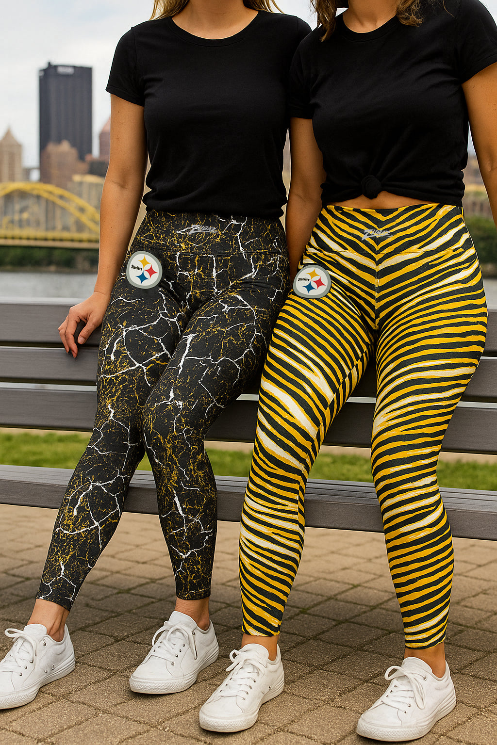 Zubaz NFL Women's 2 Pack Zebra 2 Color And Marble Leggings with Pimary Logo, Pittsburgh Steelers