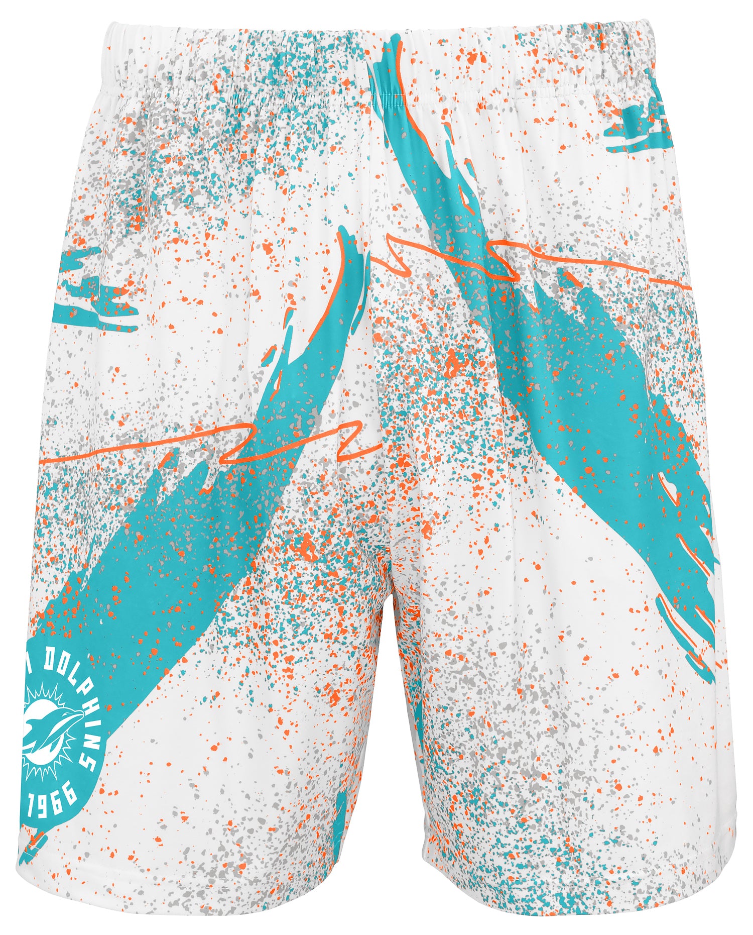 Zubaz NFL Men's 7in Confetti Overtime Block Text Shorts, Miami Dolphin