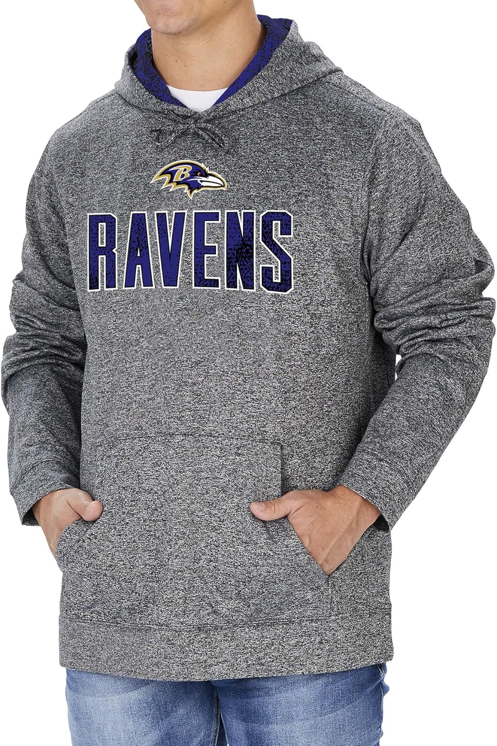 Zubaz NFL Mens Baltimore Ravens Heather Gray Hood w/ TC Static Hood Liner & Graphic