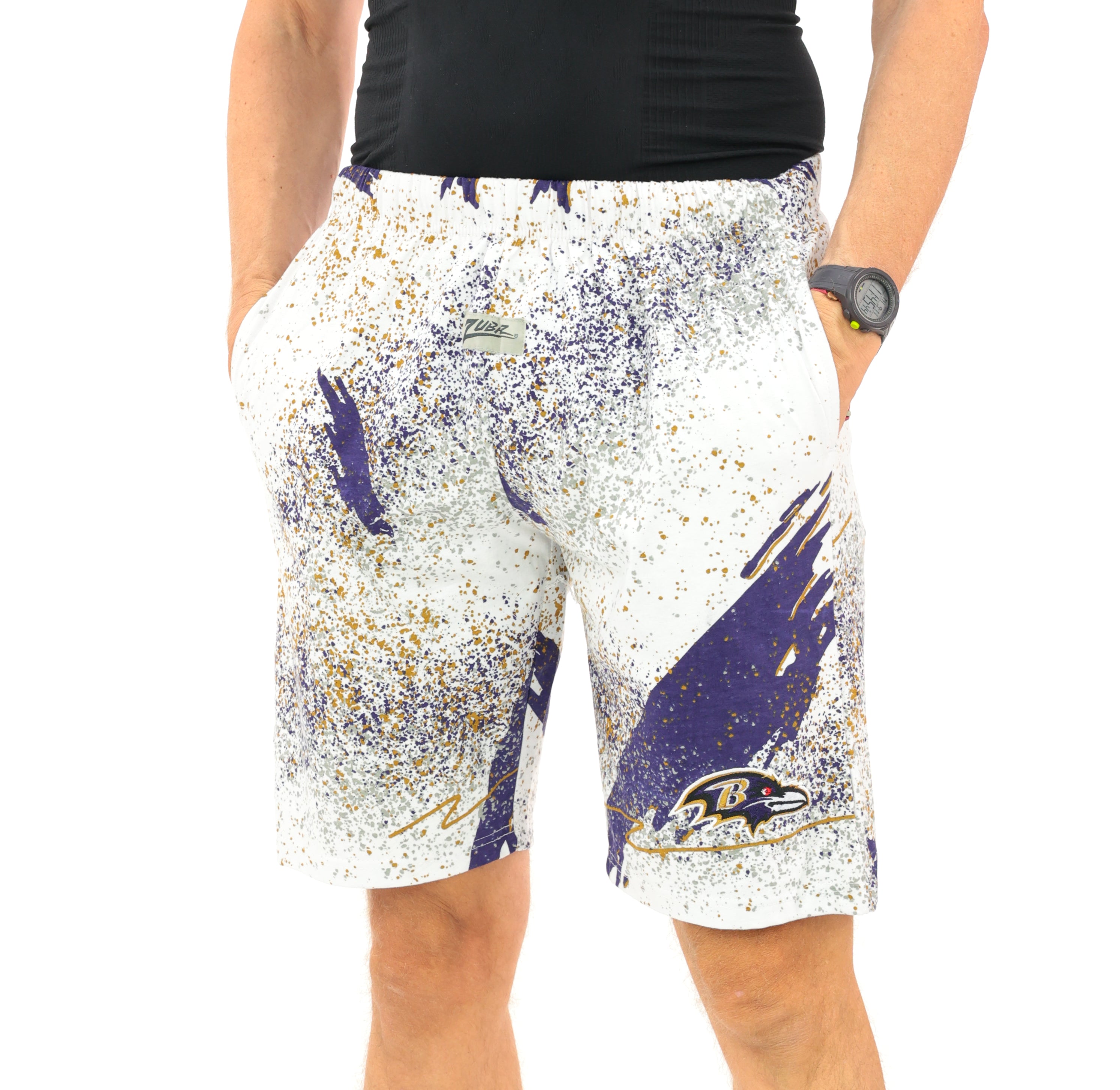 Zubaz NFL Adult Unisex Z88 Embroidered Confetti 3 Team Color Shorts, Baltimore Ravens