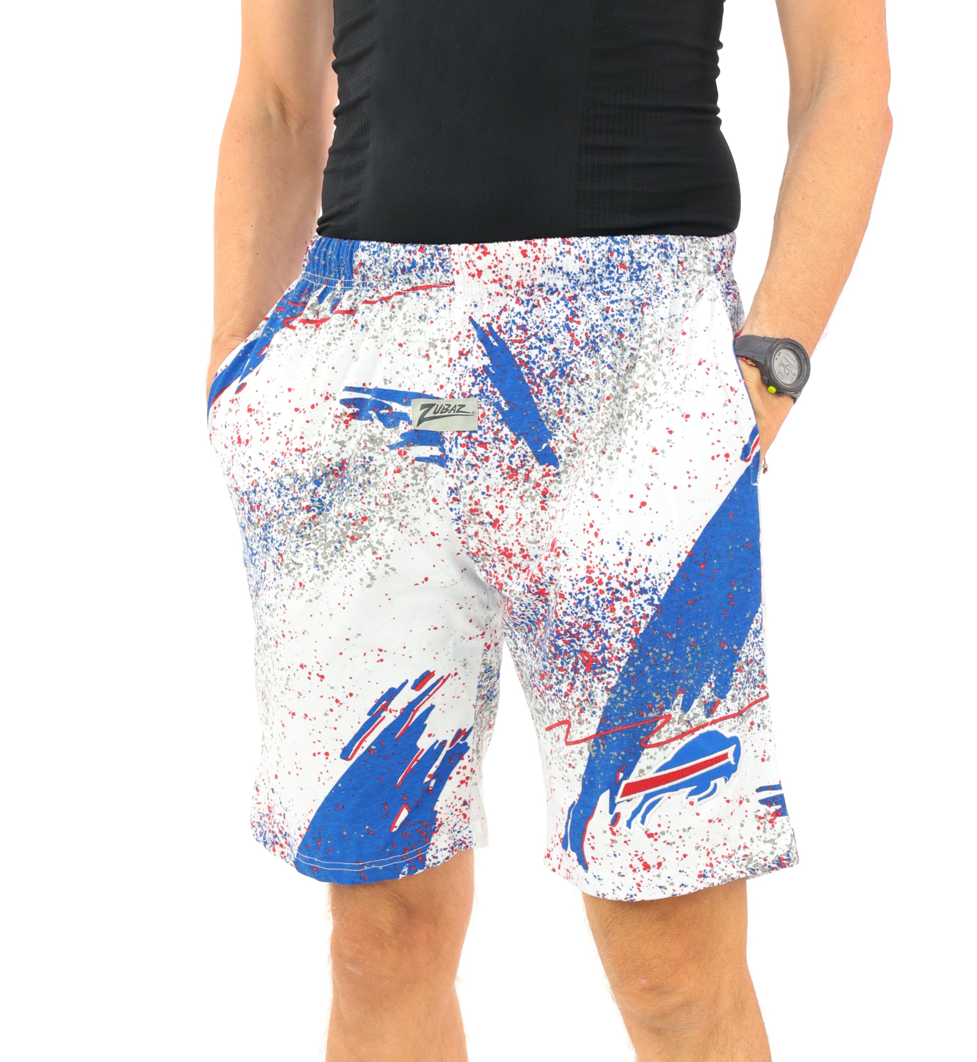 Zubaz NFL Adult Unisex Z88 Embroidered Confetti 3 Team Color Shorts, Buffalo Bills
