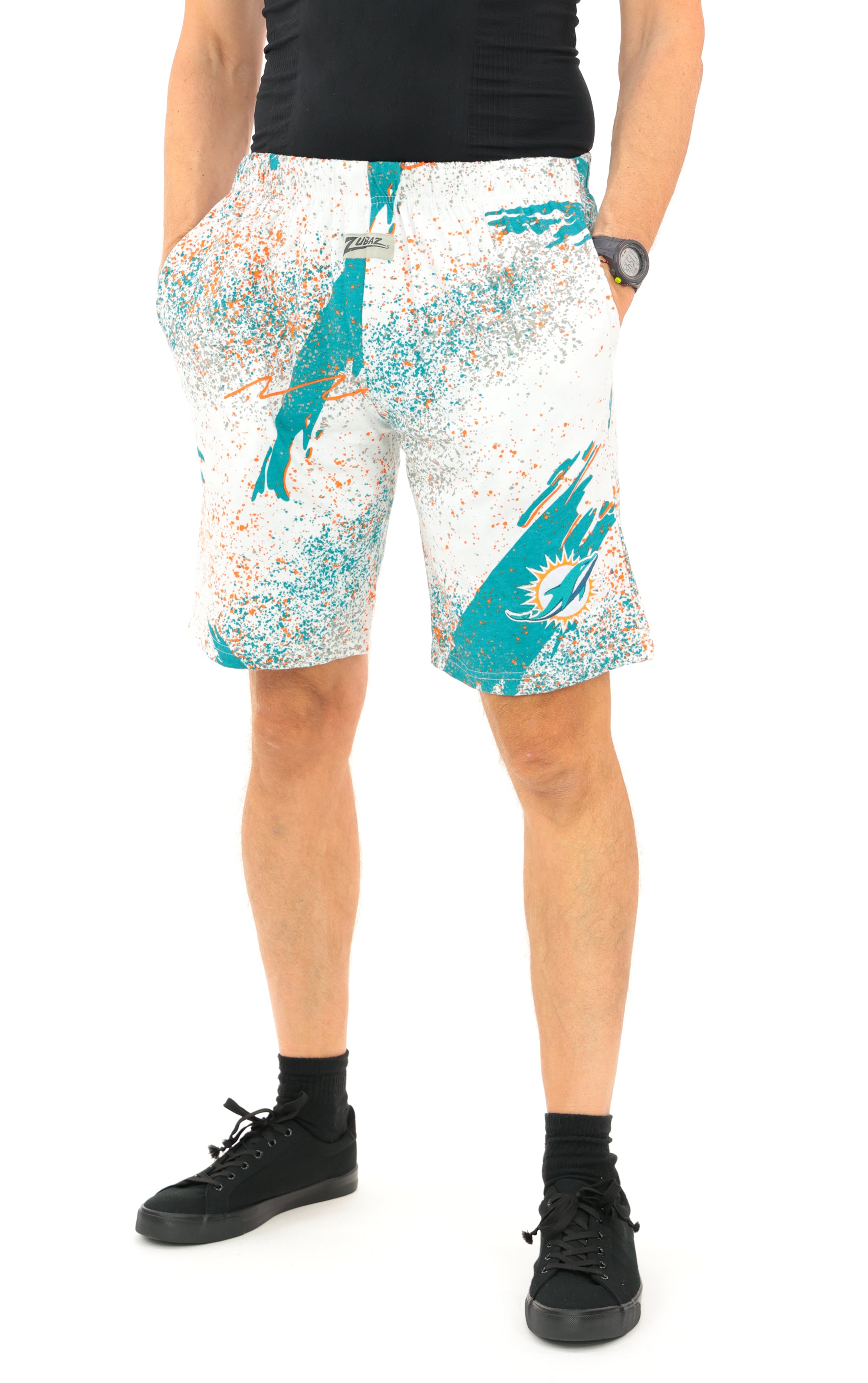 Zubaz NFL Adult Unisex Z88 Embroidered Confetti 3 Team Color Shorts, Miami Dolphins