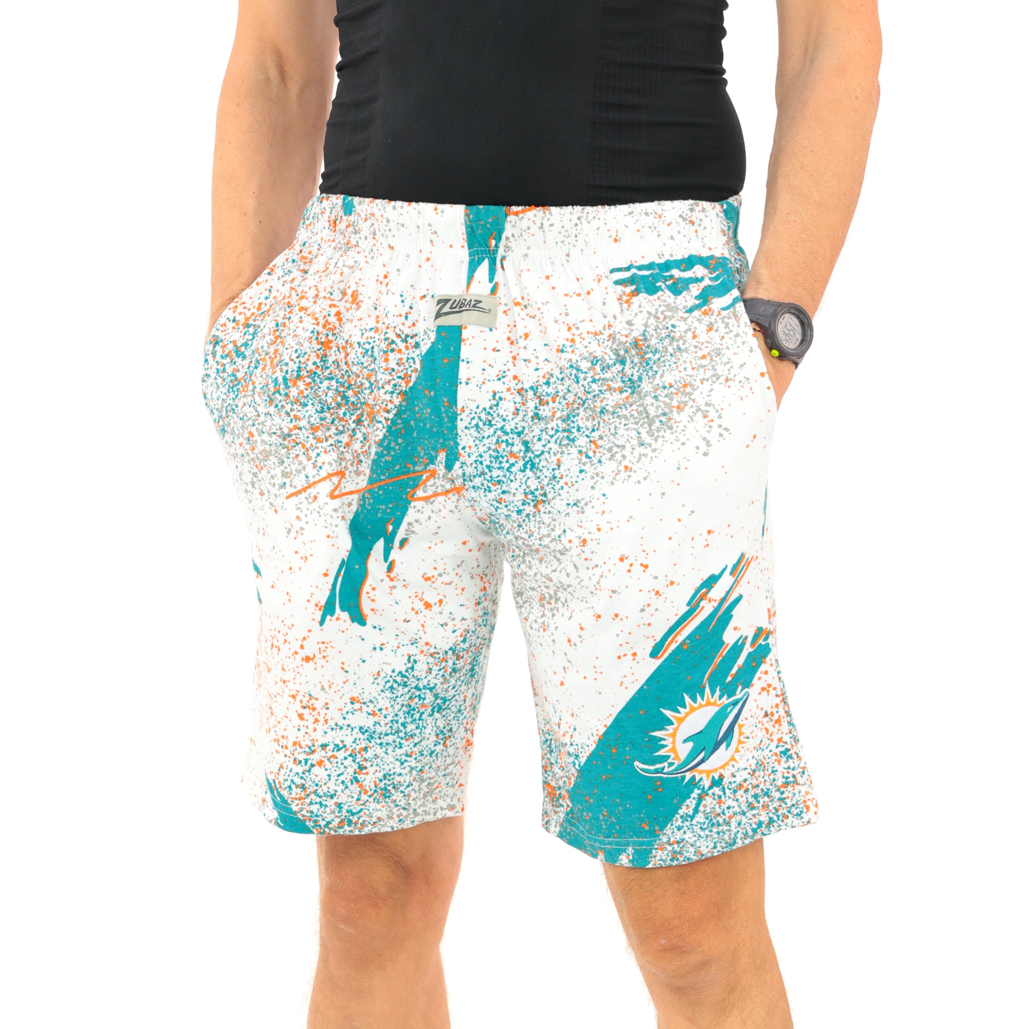 Zubaz NFL Adult Unisex Z88 Embroidered Confetti 3 Team Color Shorts, Miami Dolphins