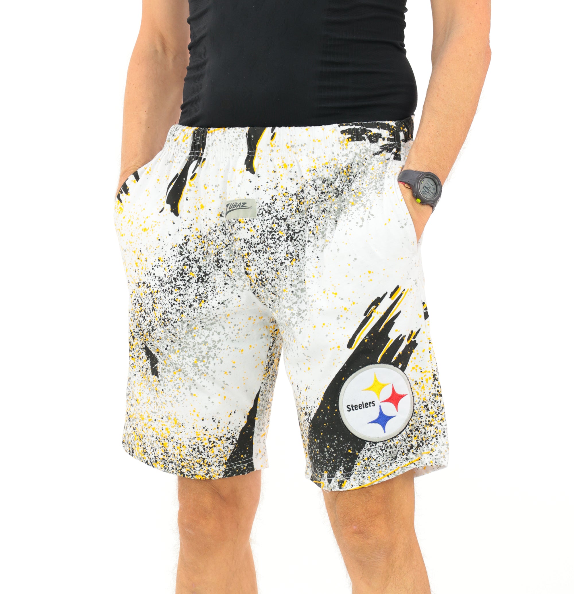 Zubaz NFL Adult Unisex Z88 Embroidered Confetti 3 Team Color Shorts, Pittsburgh Steelers