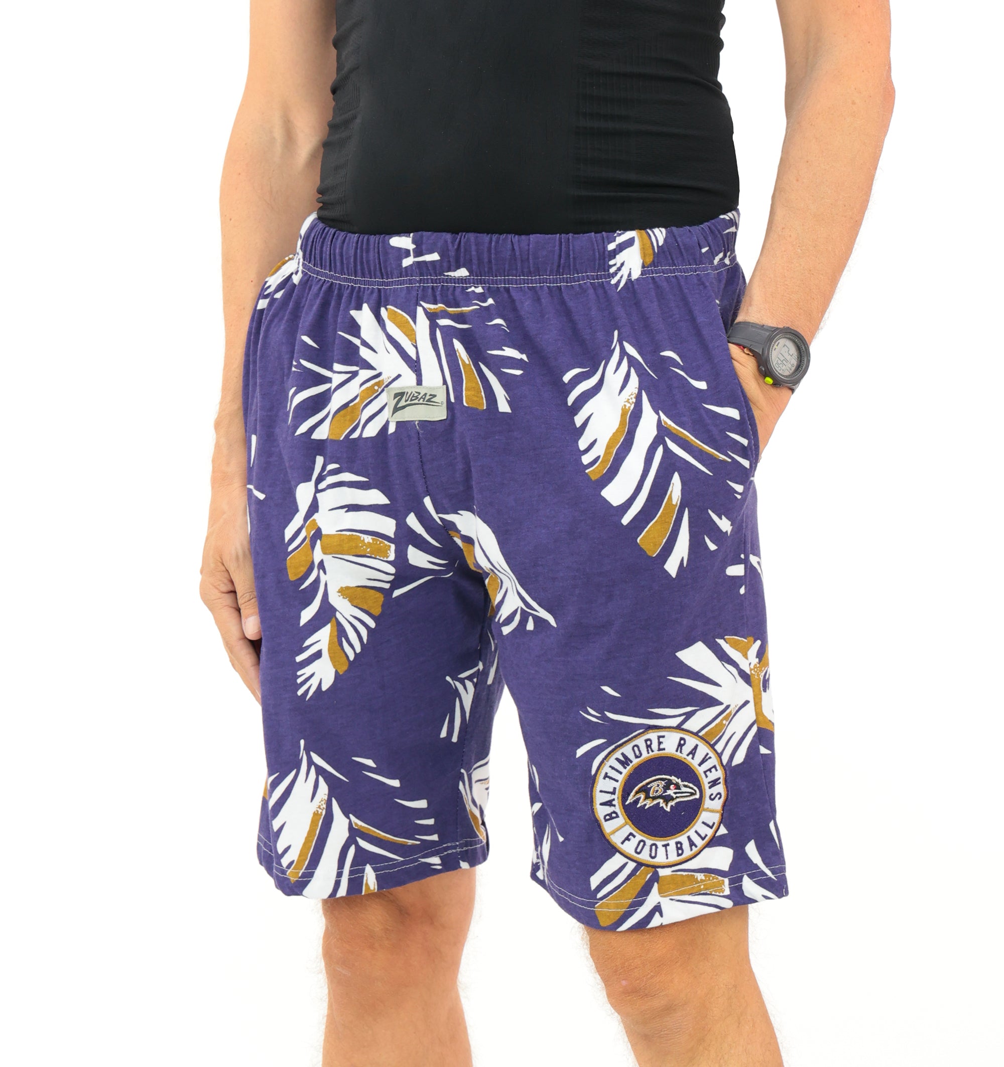 Zubaz NFL Adult Unisex Z88 Embroidered Leaf 3 Team Color Shorts, Baltimore Ravens
