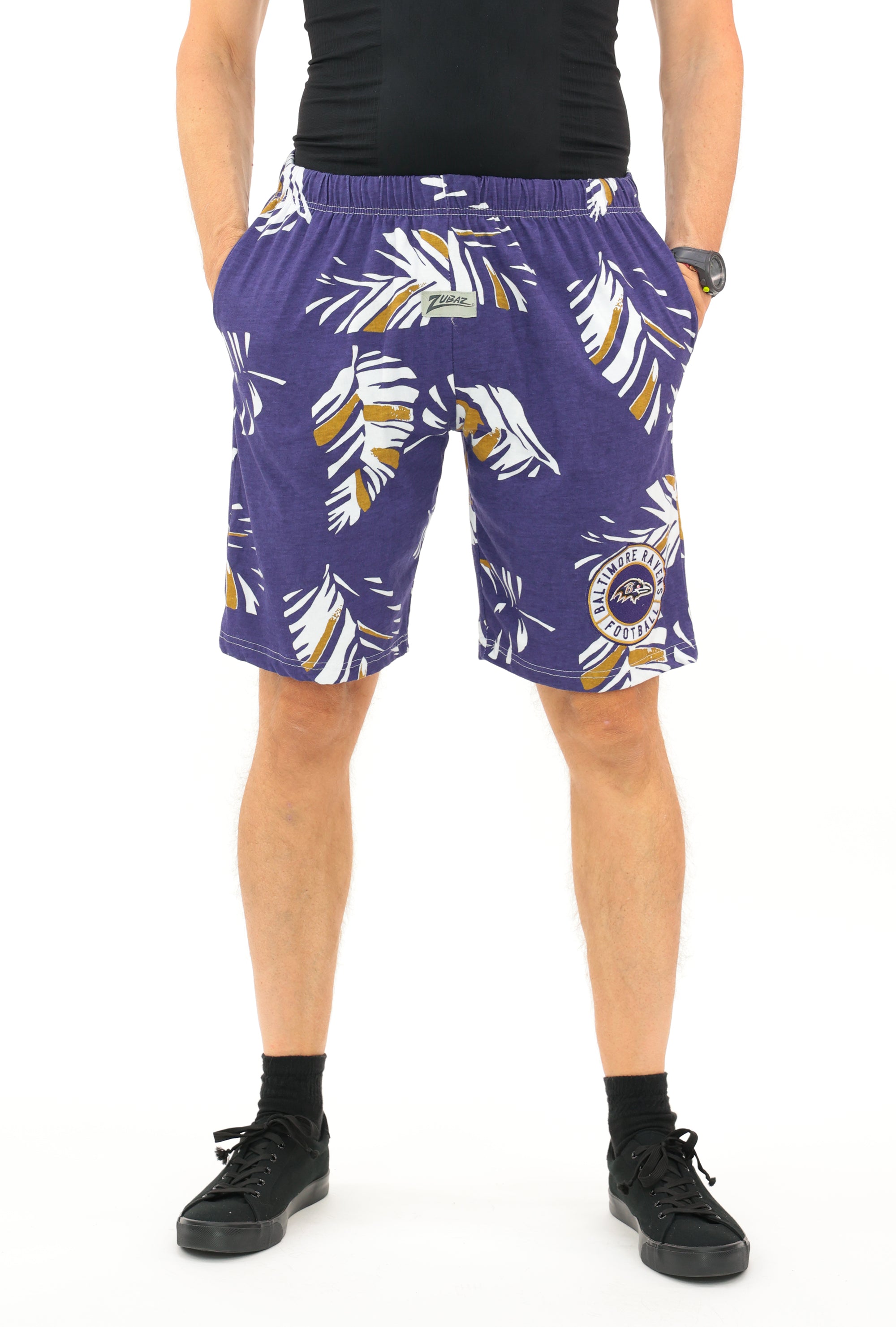 Zubaz NFL Adult Unisex Z88 Embroidered Leaf 3 Team Color Shorts, Baltimore Ravens