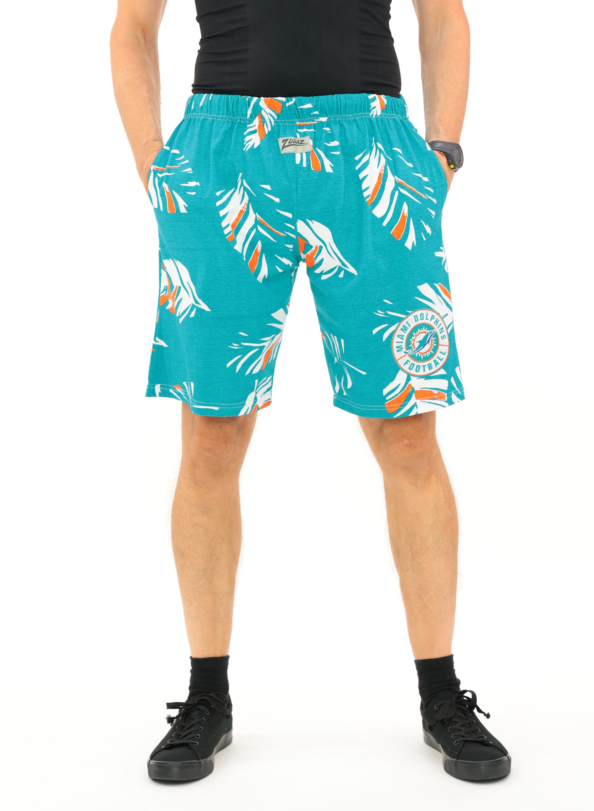 Zubaz NFL Adult Unisex Z88 Embroidered Leaf 3 Team Color Shorts, Miami Dolphins