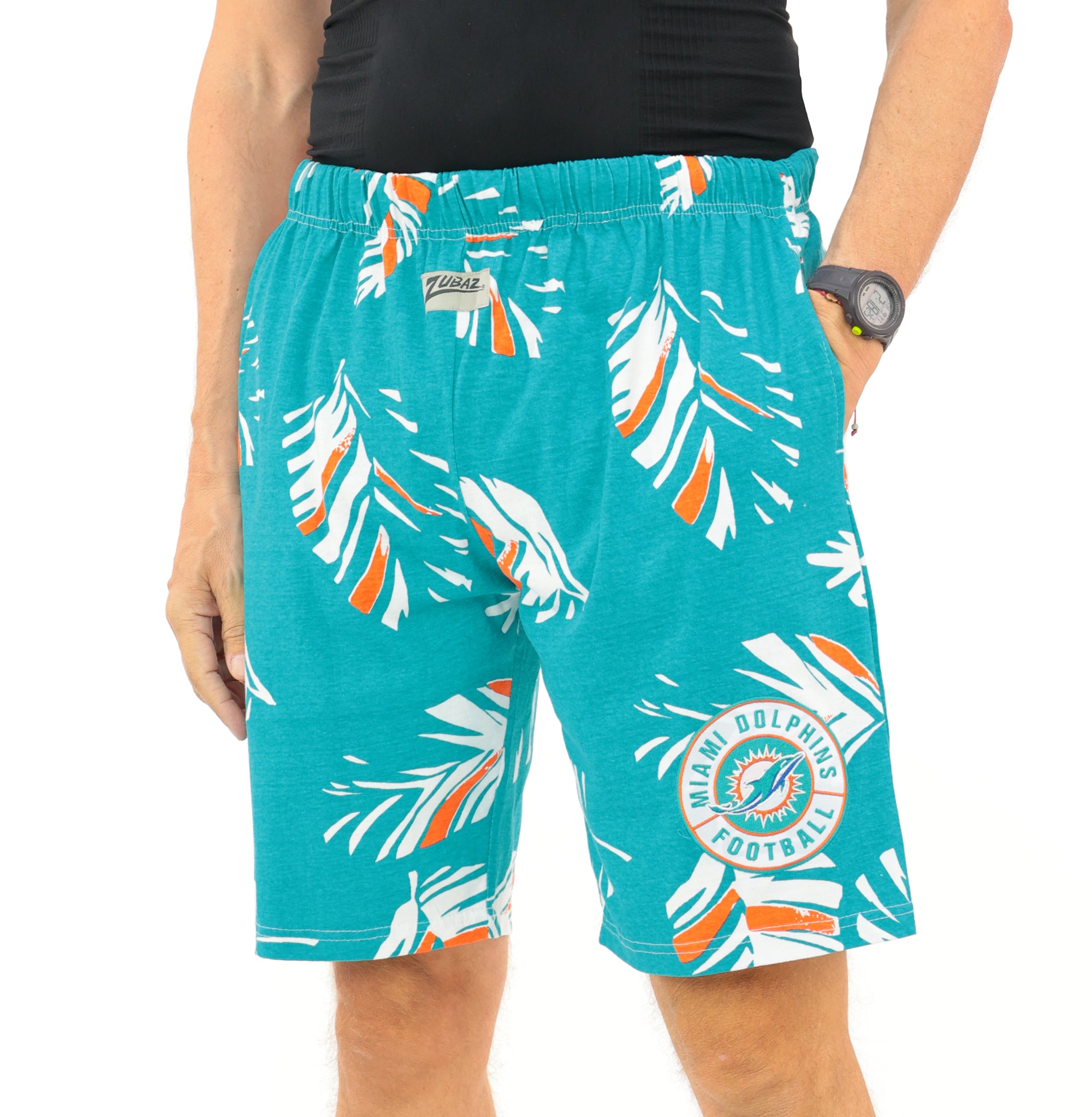Zubaz NFL Adult Unisex Z88 Embroidered Leaf 3 Team Color Shorts, Miami Dolphins