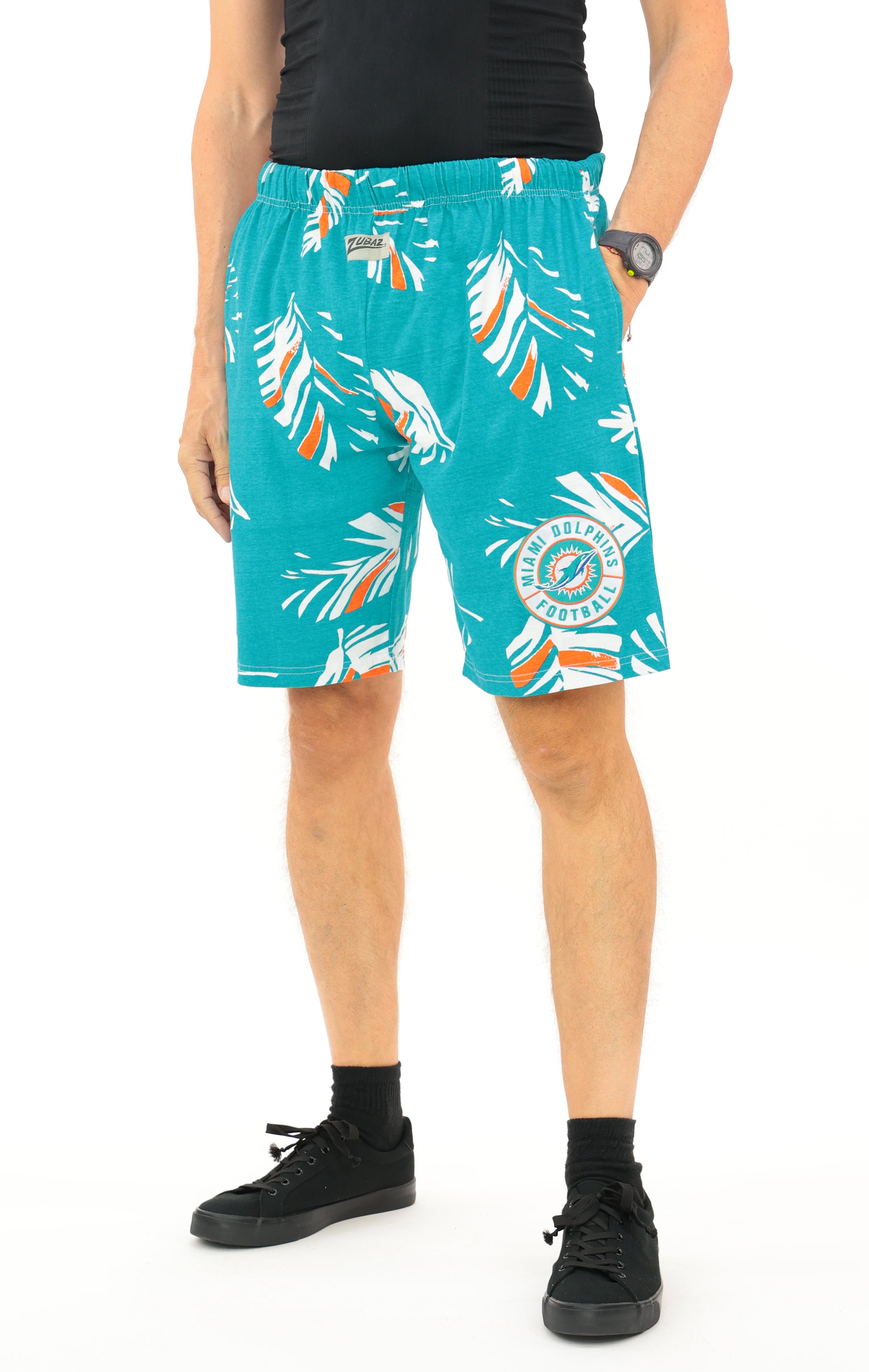Zubaz NFL Adult Unisex Z88 Embroidered Leaf 3 Team Color Shorts, Miami Dolphins