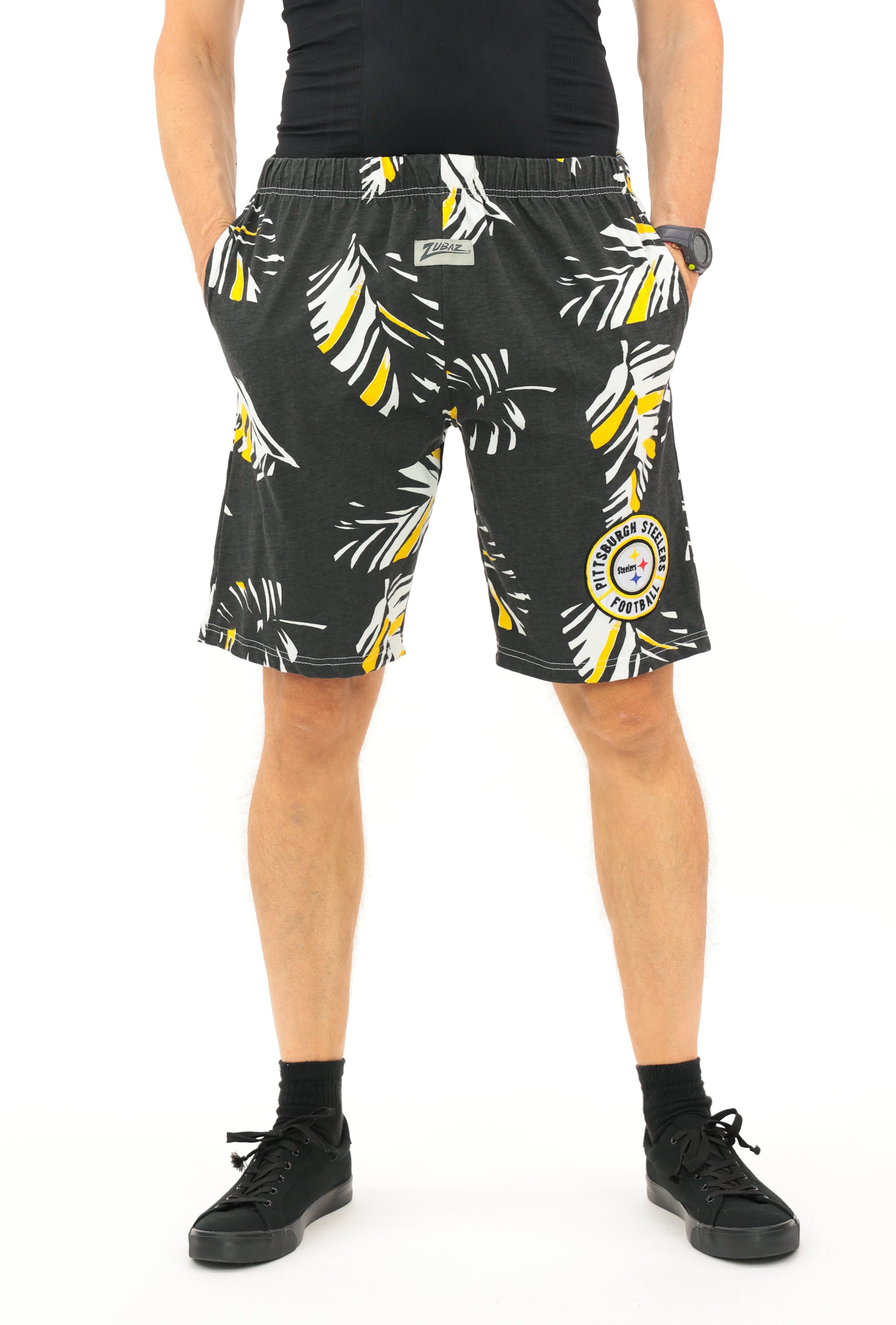Zubaz NFL Adult Unisex Z88 Embroidered Leaf 3 Team Color Shorts, Pittsburgh Steelers