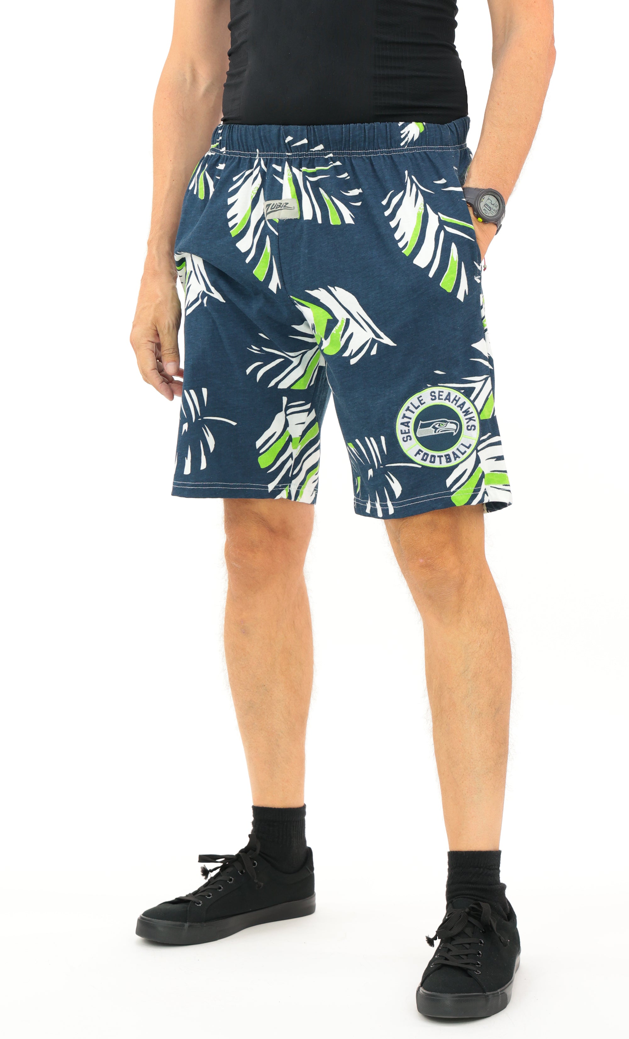 Zubaz NFL Adult Unisex Z88 Embroidered Leaf 3 Team Color Shorts, Seattle Seahawks