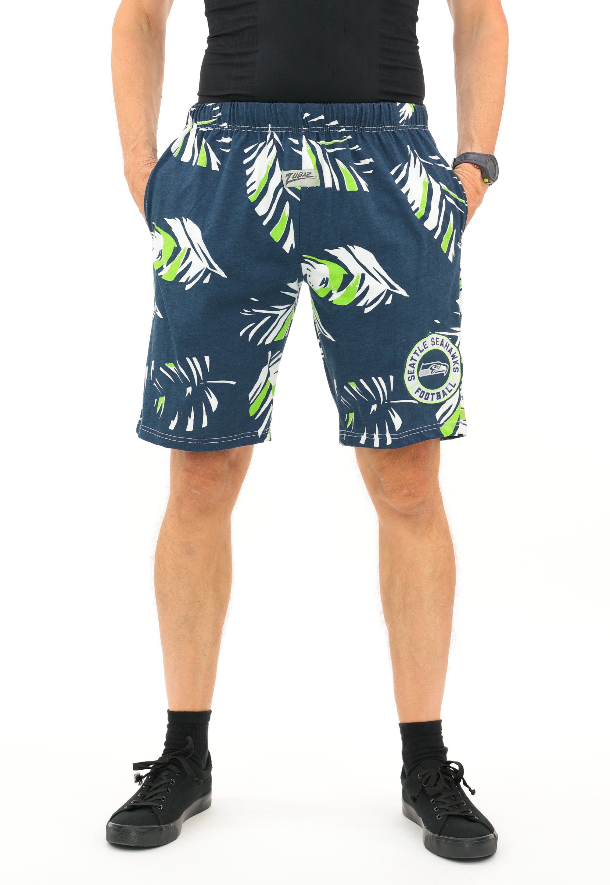 Zubaz NFL Adult Unisex Z88 Embroidered Leaf 3 Team Color Shorts, Seattle Seahawks