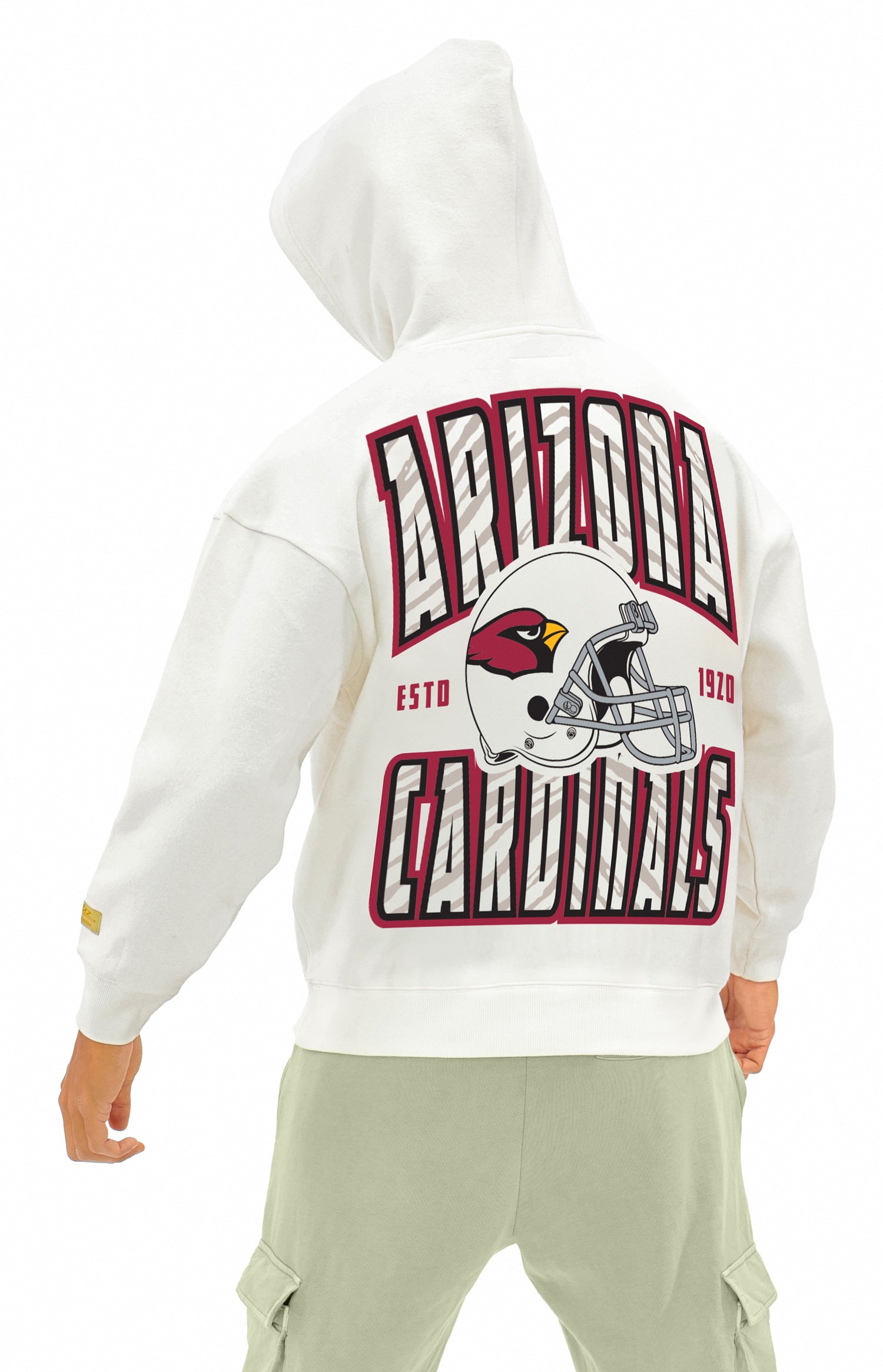 Zubaz NFL  UNISEX 90s Helmet Drop Shoulder Hoodies-Off White, ARIZONA CARDINALS