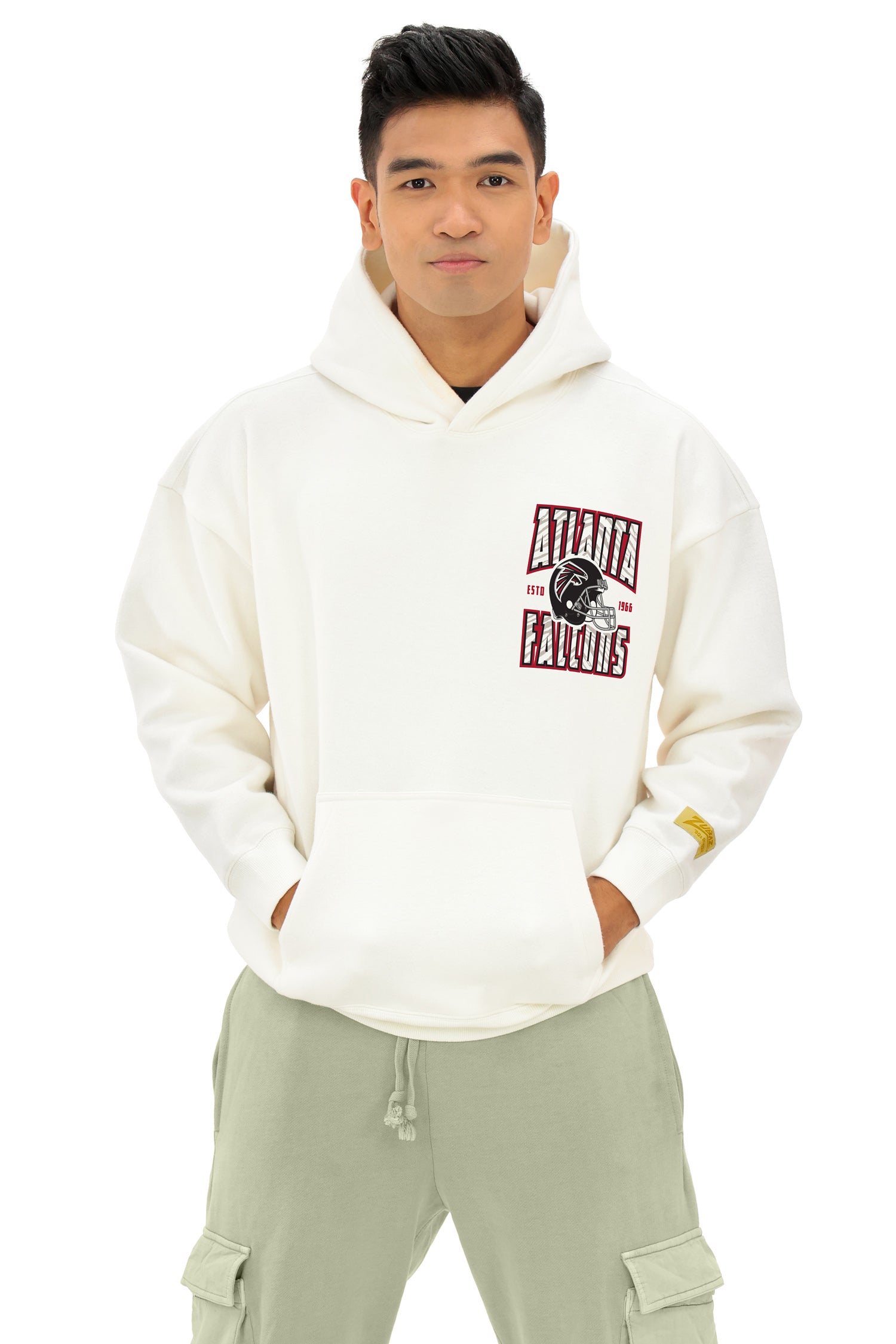 Zubaz NFL  UNISEX 90s Helmet Drop Shoulder Hoodies-Off White, ATLANTA FALCONS