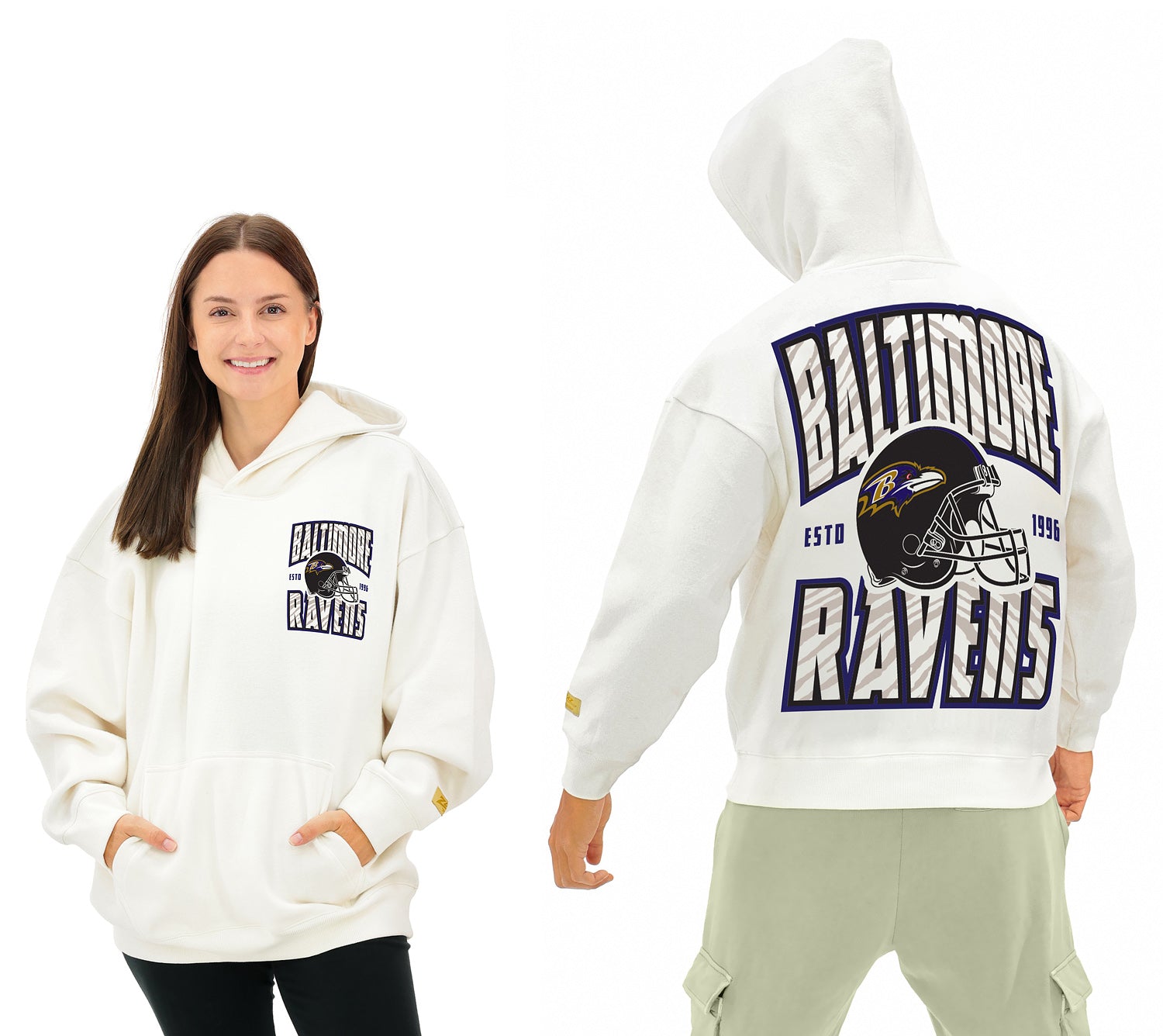 Zubaz NFL  UNISEX 90s Helmet Drop Shoulder Hoodies-Off White, BALTIMORE RAVENS