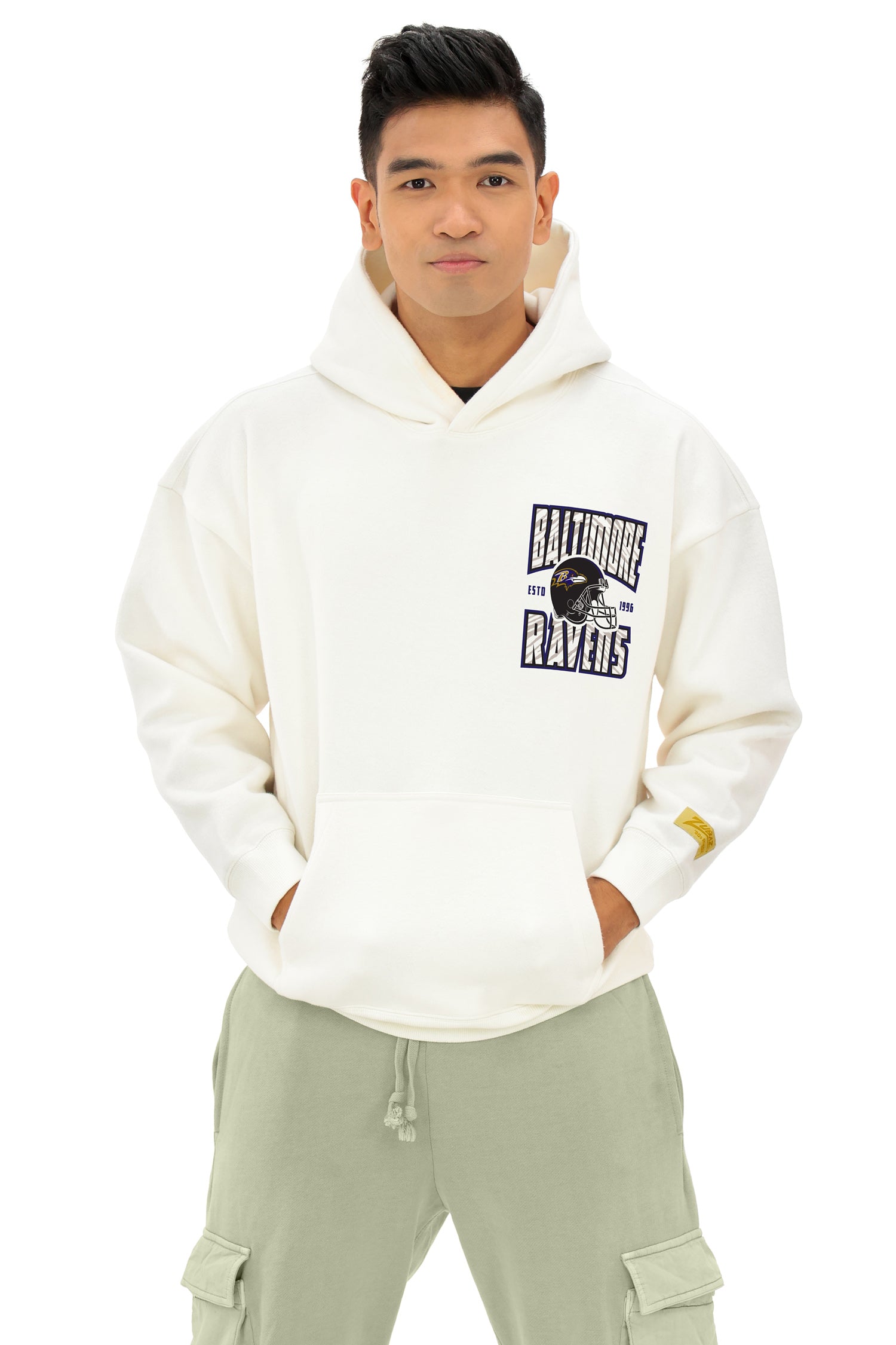 Zubaz NFL  UNISEX 90s Helmet Drop Shoulder Hoodies-Off White, BALTIMORE RAVENS