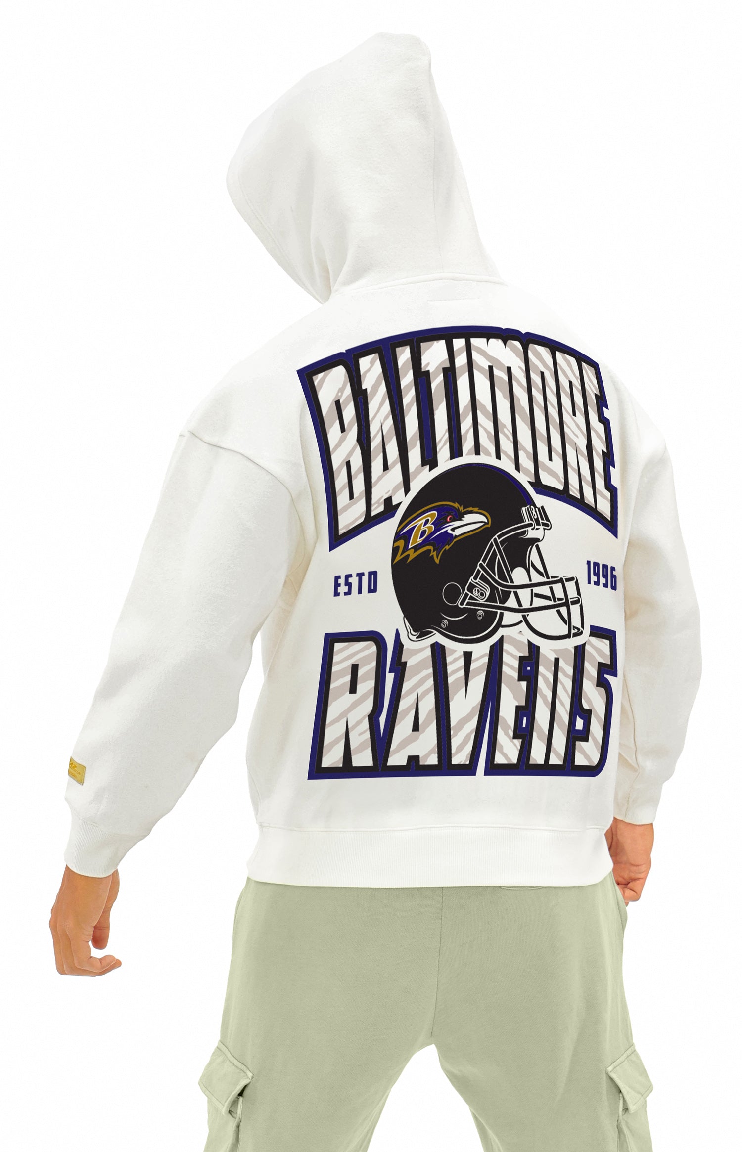 Zubaz NFL  UNISEX 90s Helmet Drop Shoulder Hoodies-Off White, BALTIMORE RAVENS