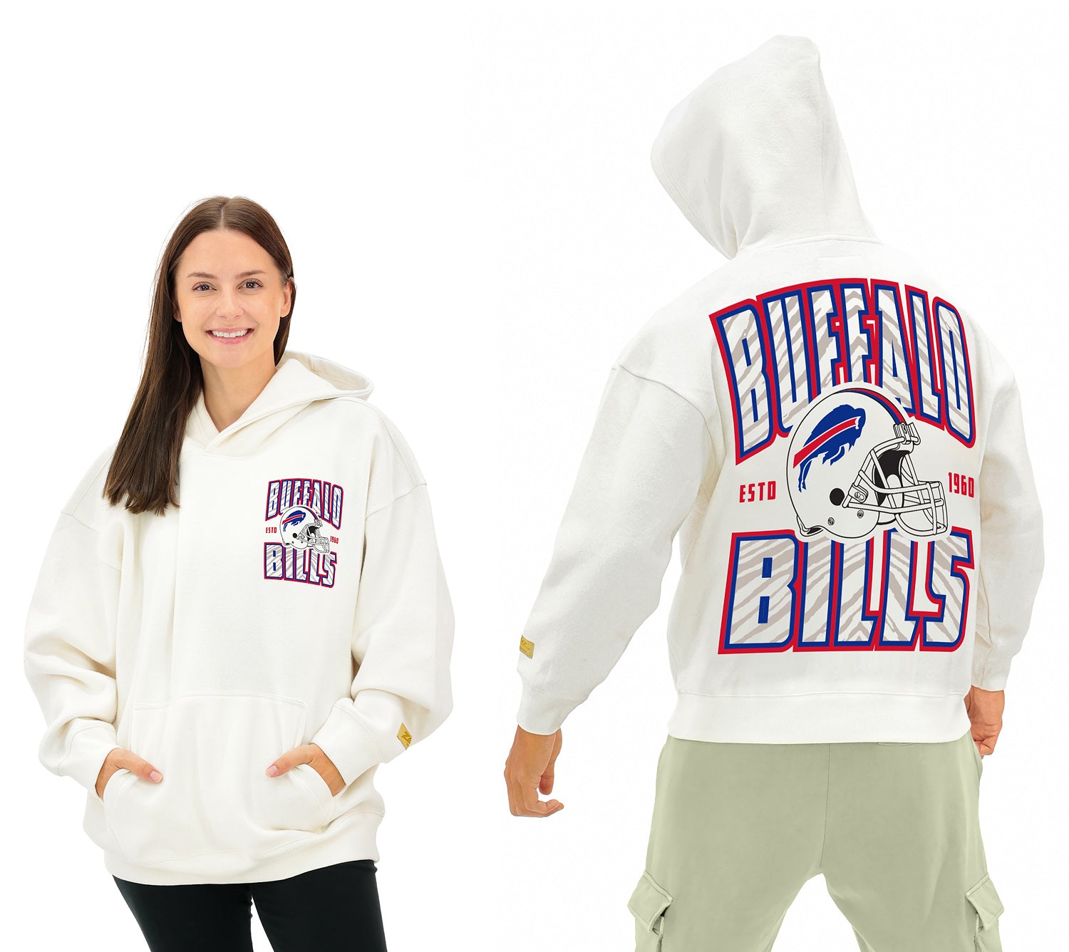 Zubaz NFL UNISEX 90s Helmet Drop Shoulder Hoodies-Off White, BUFFALO B