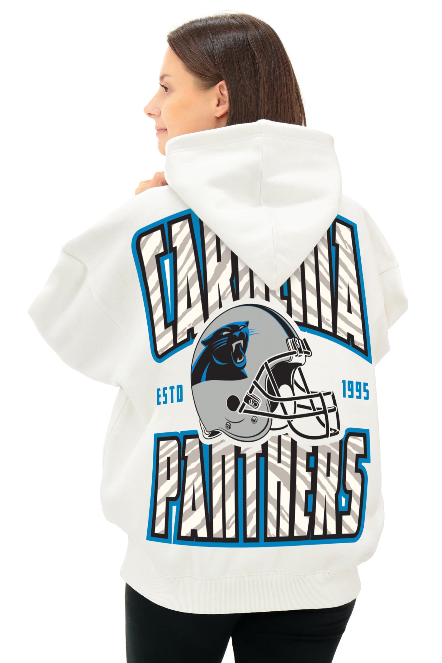 Zubaz NFL  UNISEX 90s Helmet Drop Shoulder Hoodies-Off White, CAROLINA PANTHERS