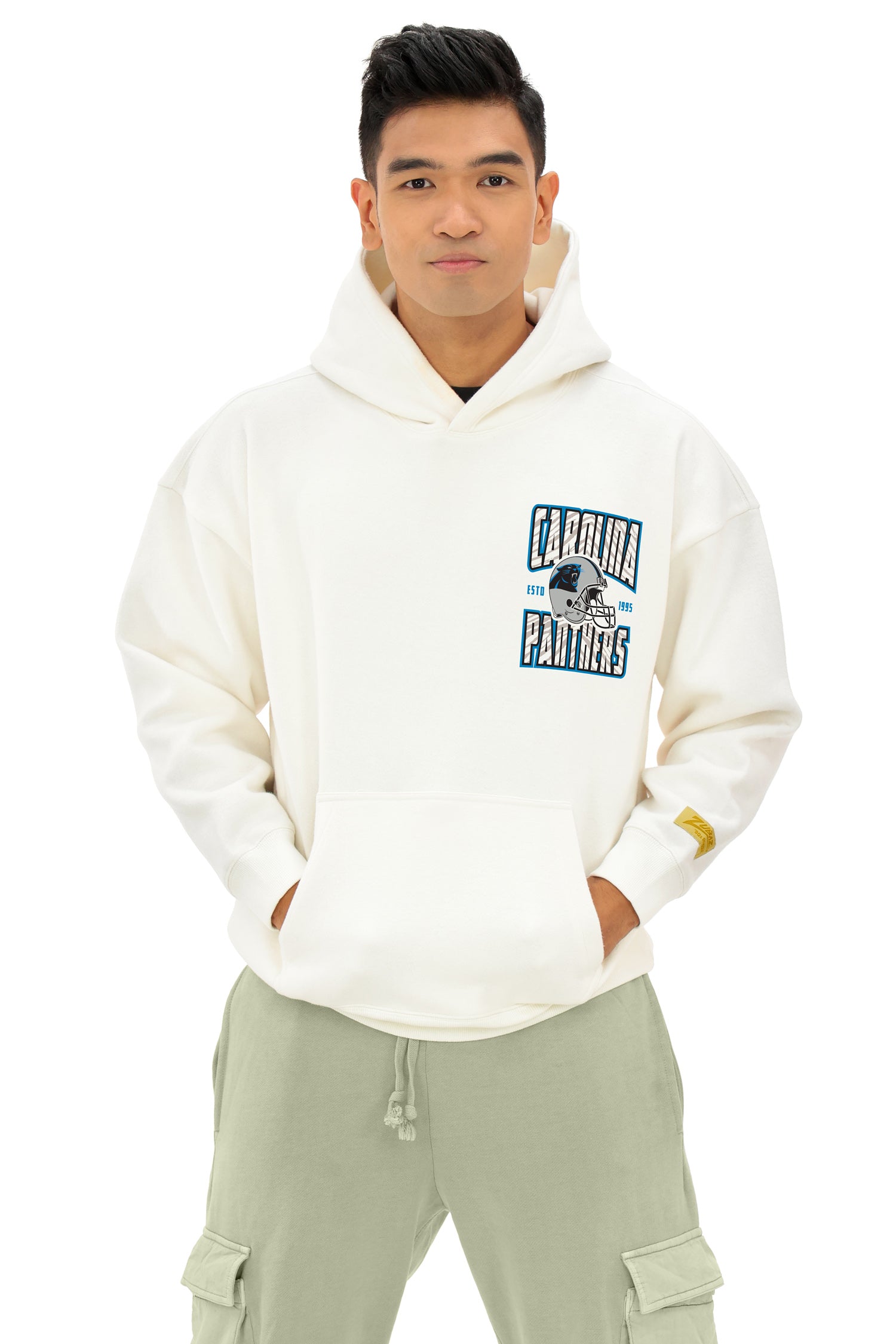Zubaz NFL  UNISEX 90s Helmet Drop Shoulder Hoodies-Off White, CAROLINA PANTHERS