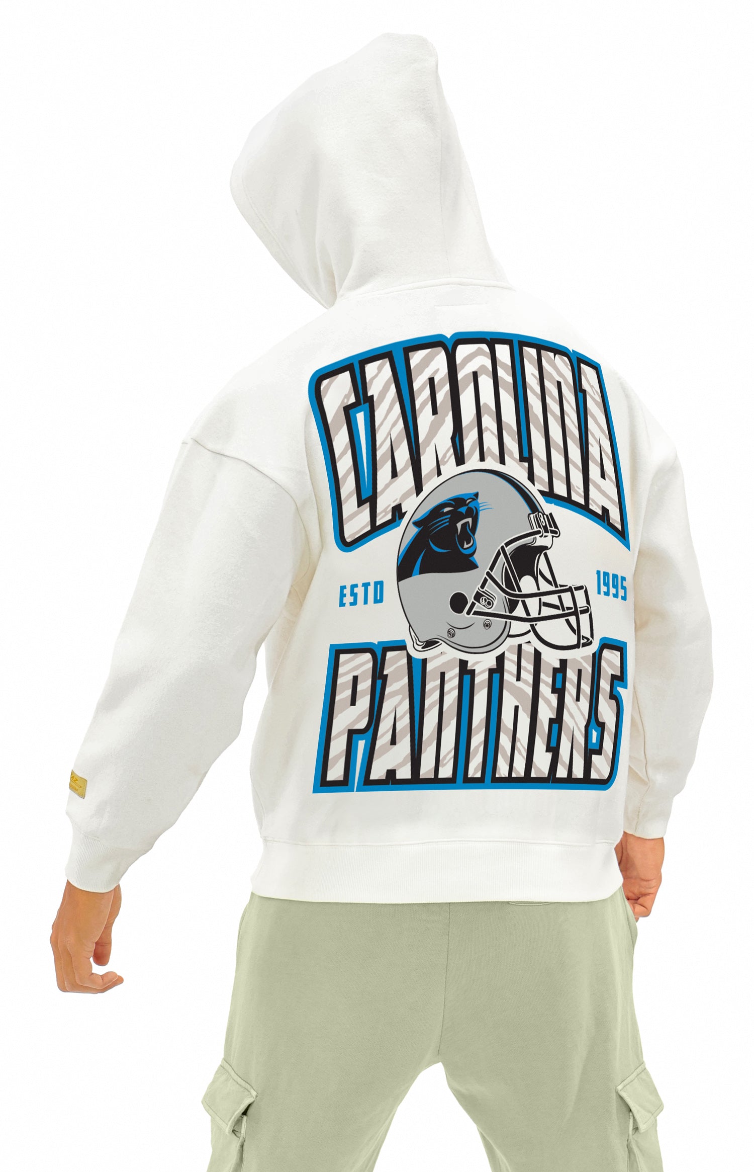 Zubaz NFL  UNISEX 90s Helmet Drop Shoulder Hoodies-Off White, CAROLINA PANTHERS