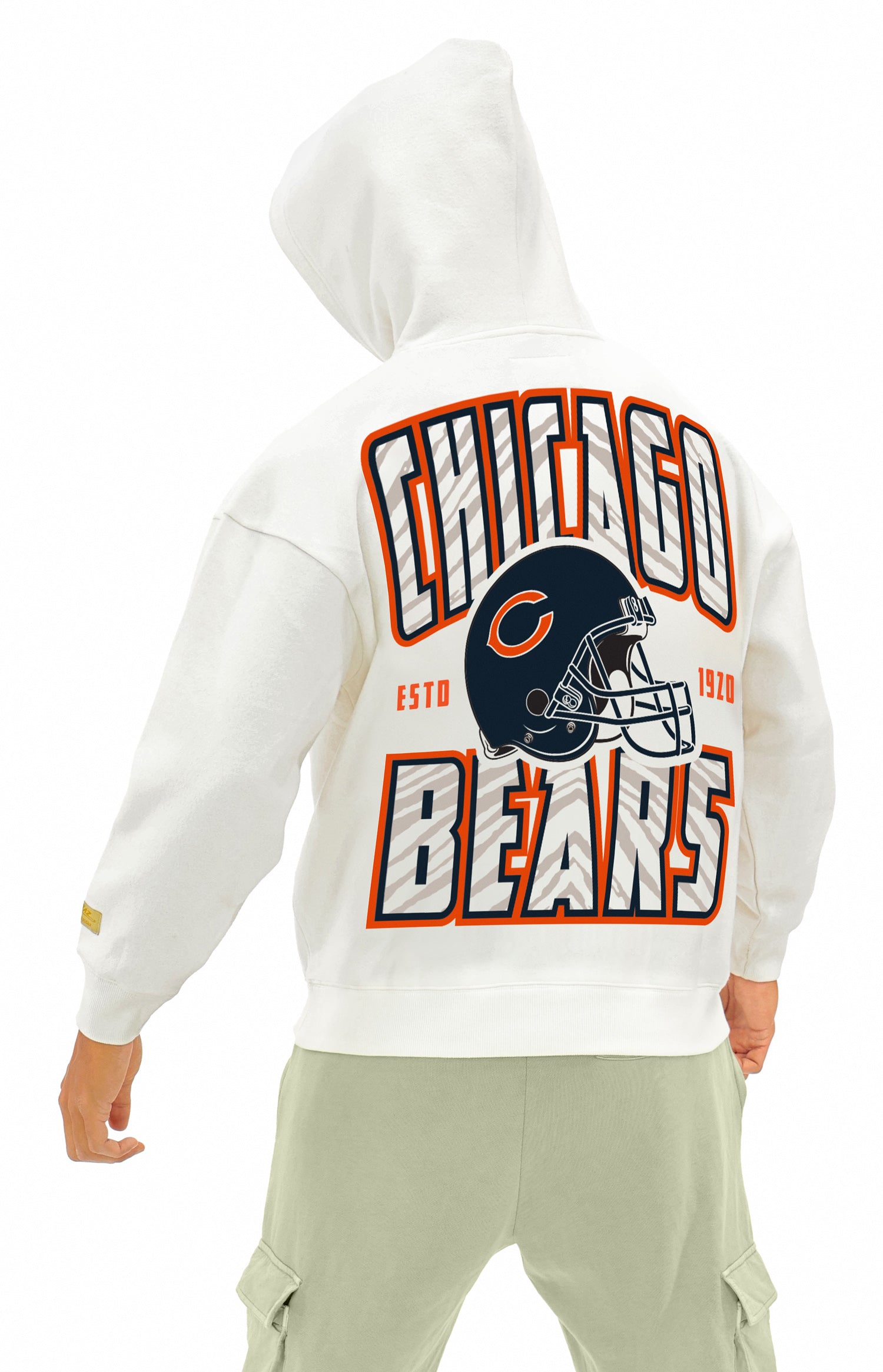 Zubaz NFL  UNISEX 90s Helmet Drop Shoulder Hoodies-Off White, CHICAGO BEARS