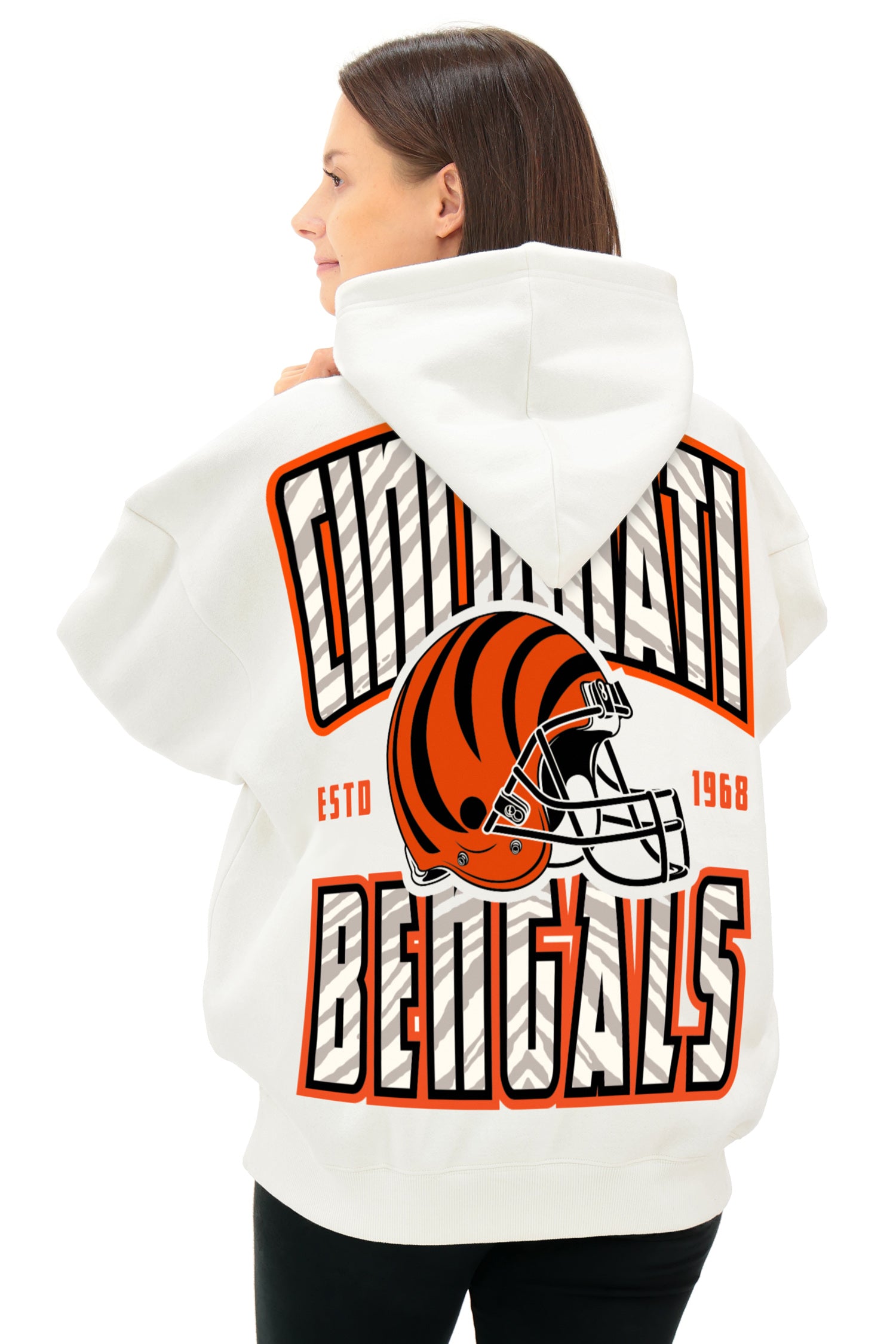 Zubaz NFL  UNISEX 90s Helmet Drop Shoulder Hoodies-Off White, CINCINNATI BENGALS
