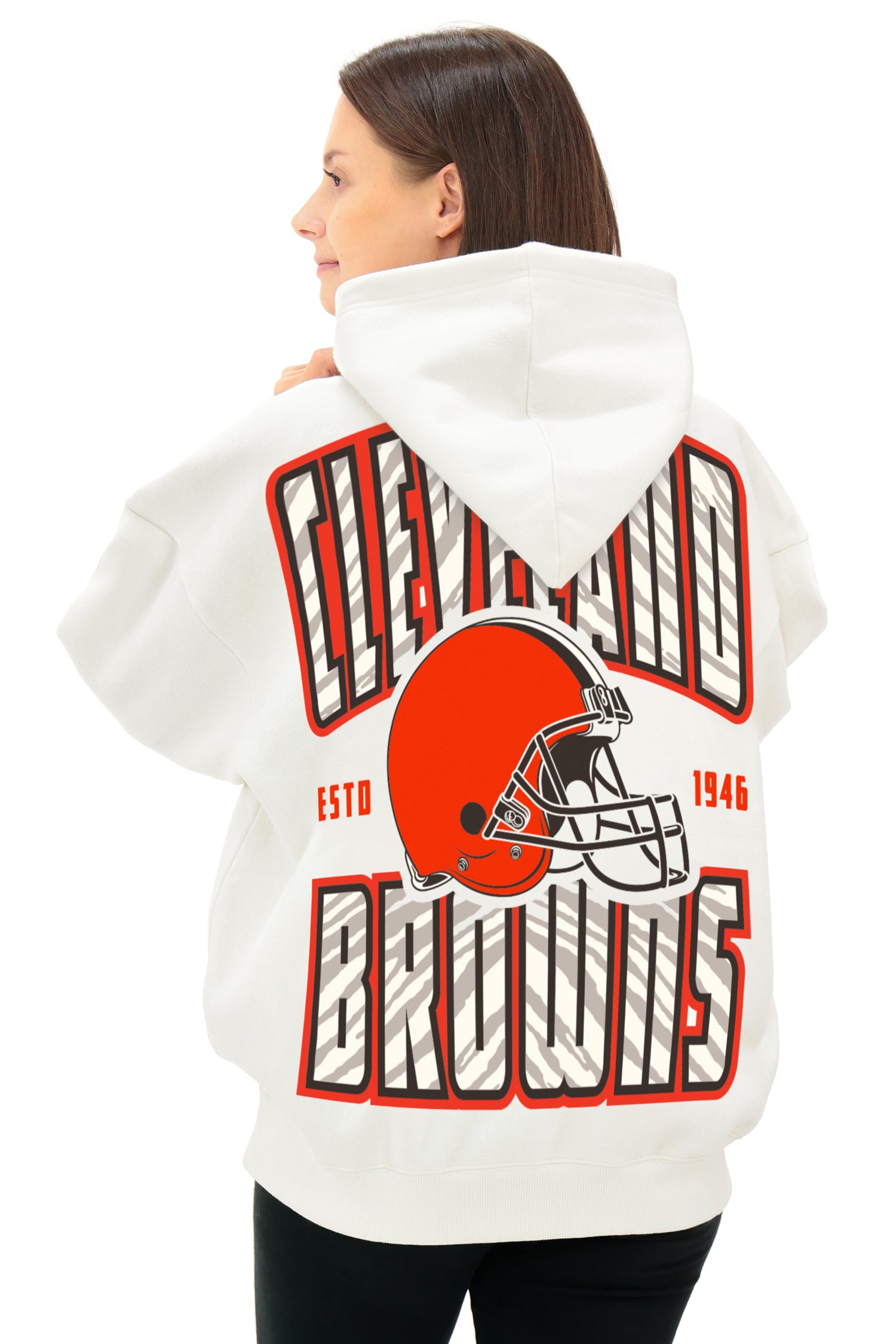 Zubaz NFL  UNISEX 90s Helmet Drop Shoulder Hoodies-Off White, CLEVELAND BROWNS
