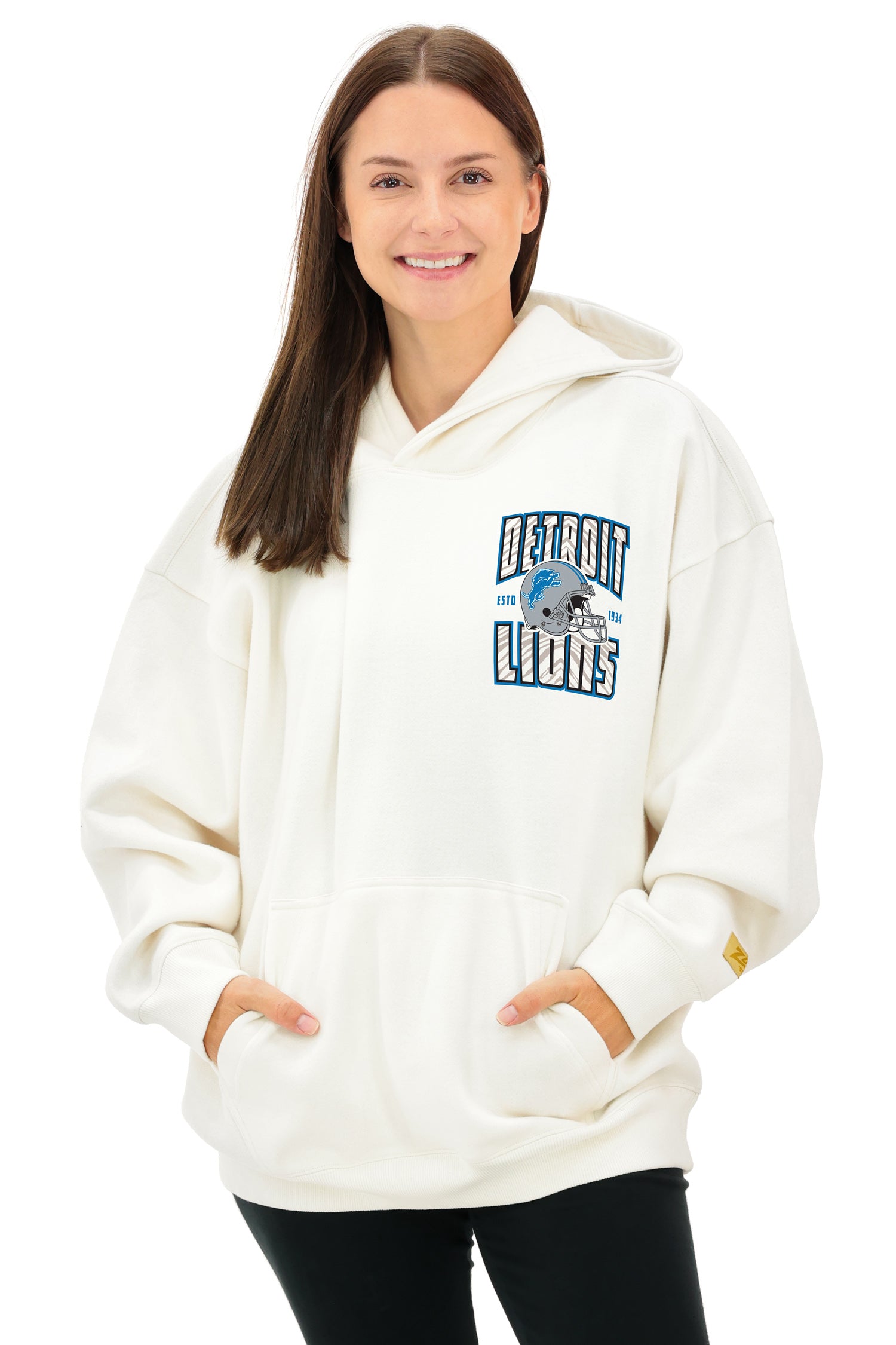 Zubaz NFL  UNISEX 90s Helmet Drop Shoulder Hoodies-Off White, DETROIT LIONS