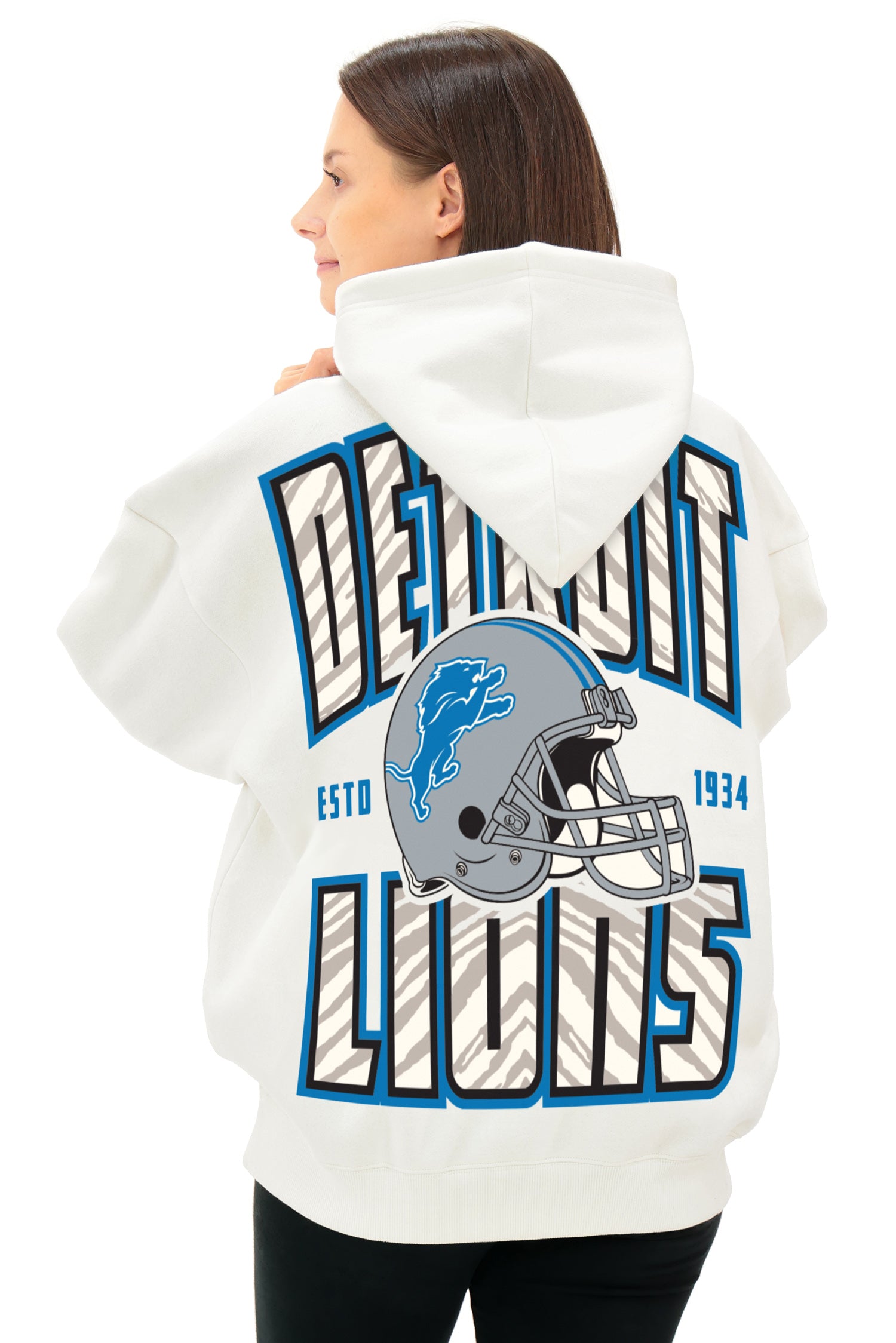 Zubaz NFL  UNISEX 90s Helmet Drop Shoulder Hoodies-Off White, DETROIT LIONS
