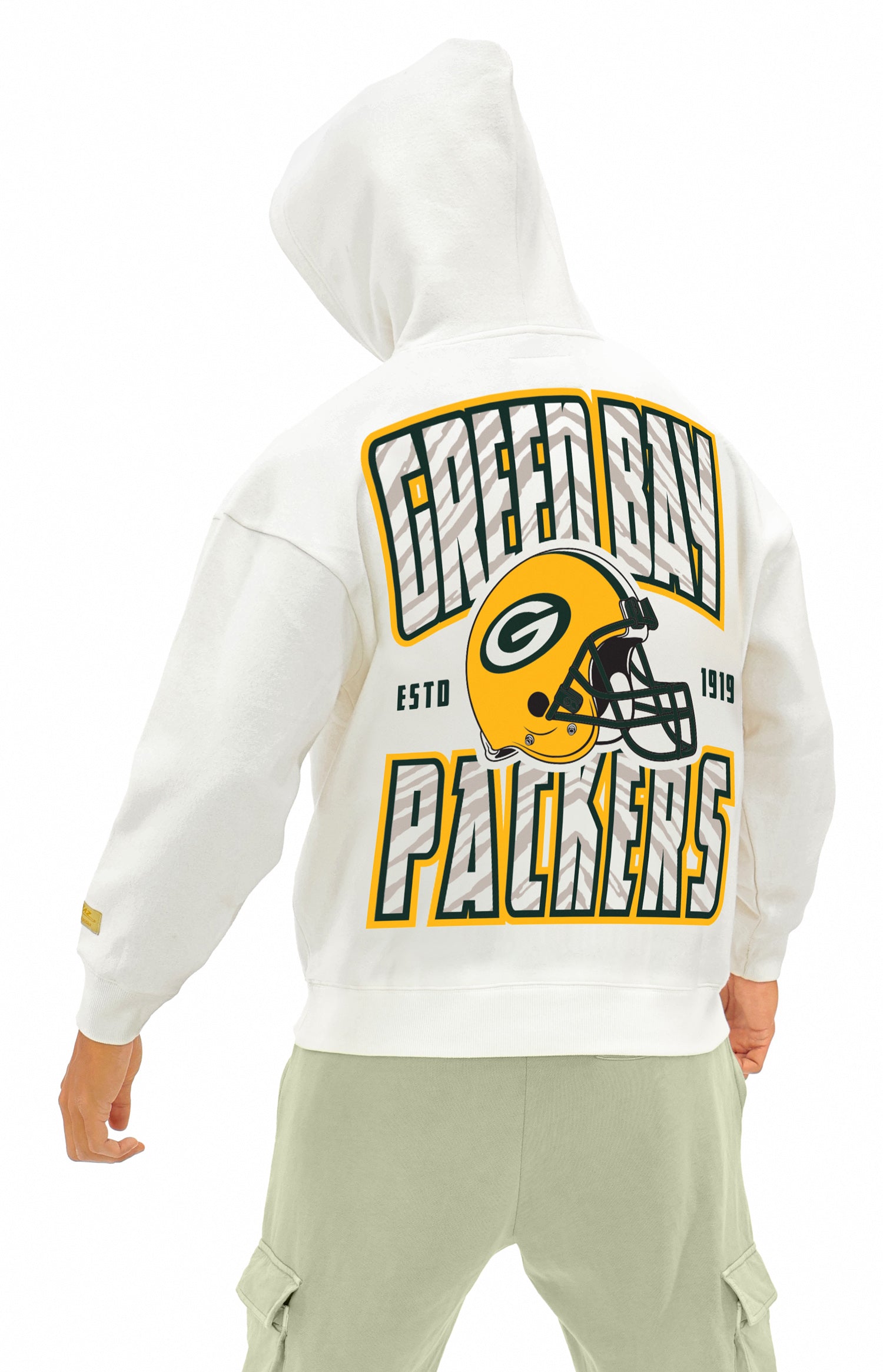 Zubaz NFL  UNISEX 90s Helmet Drop Shoulder Hoodies-Off White, GREEN BAY PACKERS