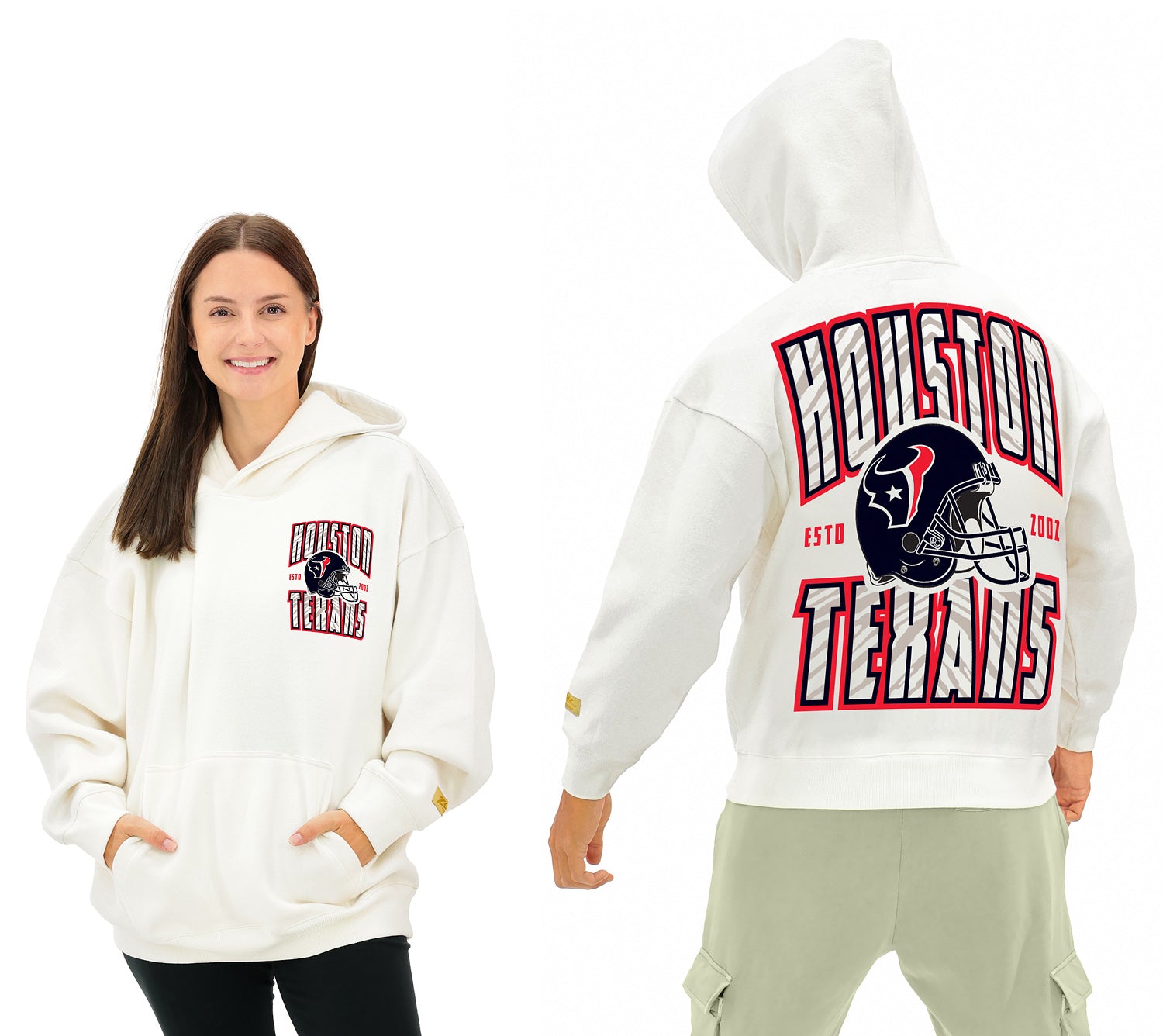 Zubaz NFL  UNISEX 90s Helmet Drop Shoulder Hoodies-Off White, HOUSTON TEXANS