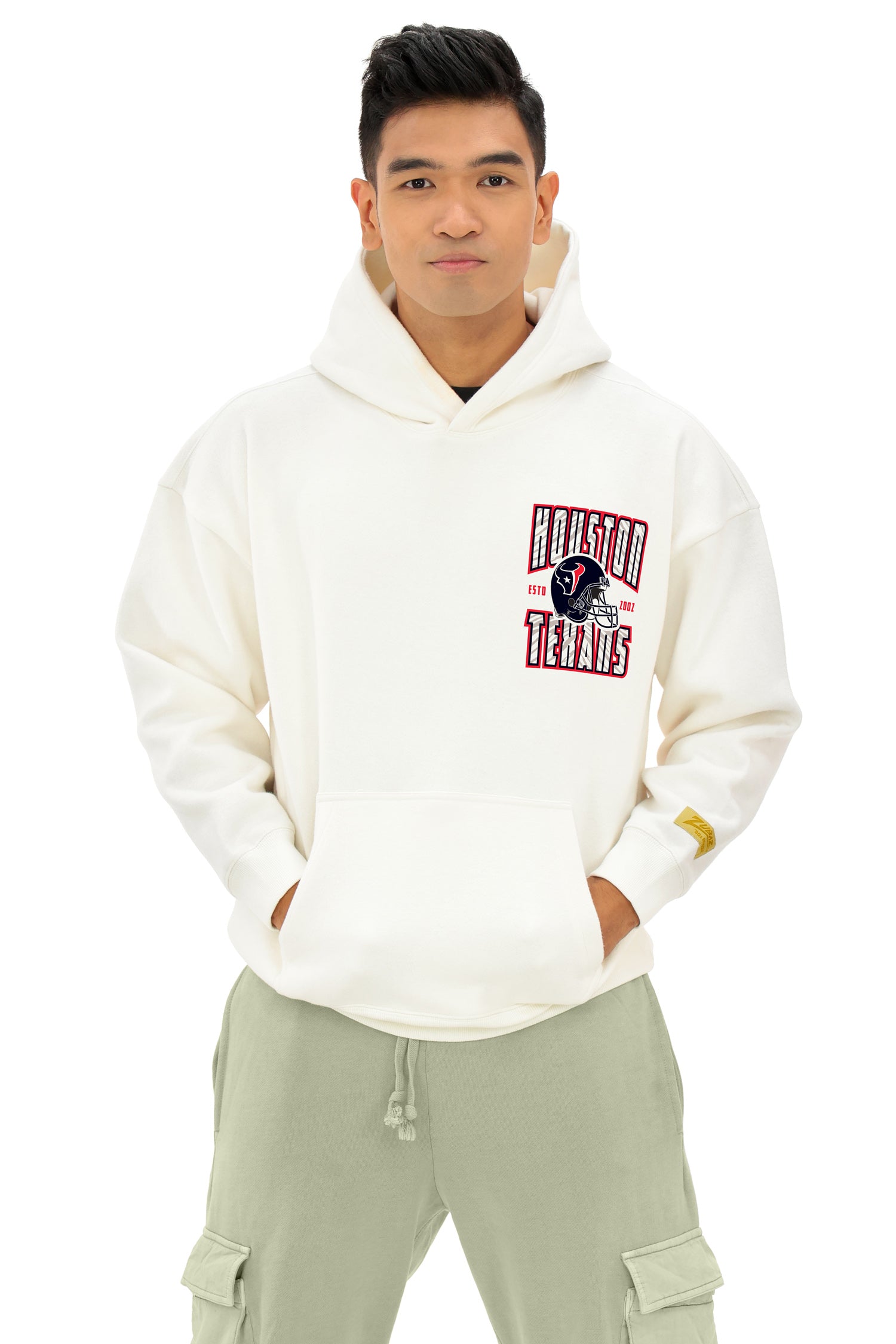 Zubaz NFL  UNISEX 90s Helmet Drop Shoulder Hoodies-Off White, HOUSTON TEXANS