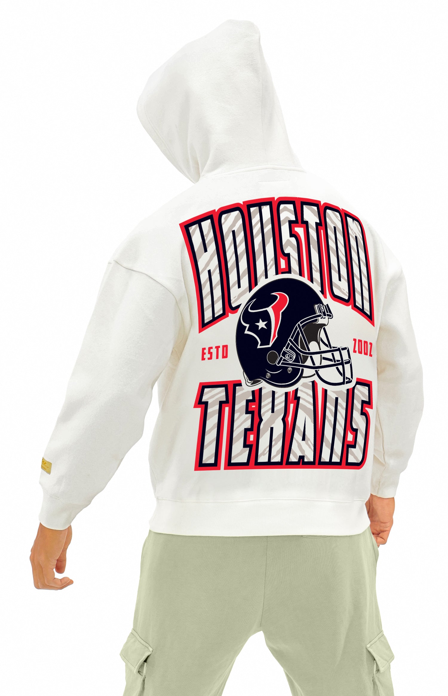 Zubaz NFL  UNISEX 90s Helmet Drop Shoulder Hoodies-Off White, HOUSTON TEXANS