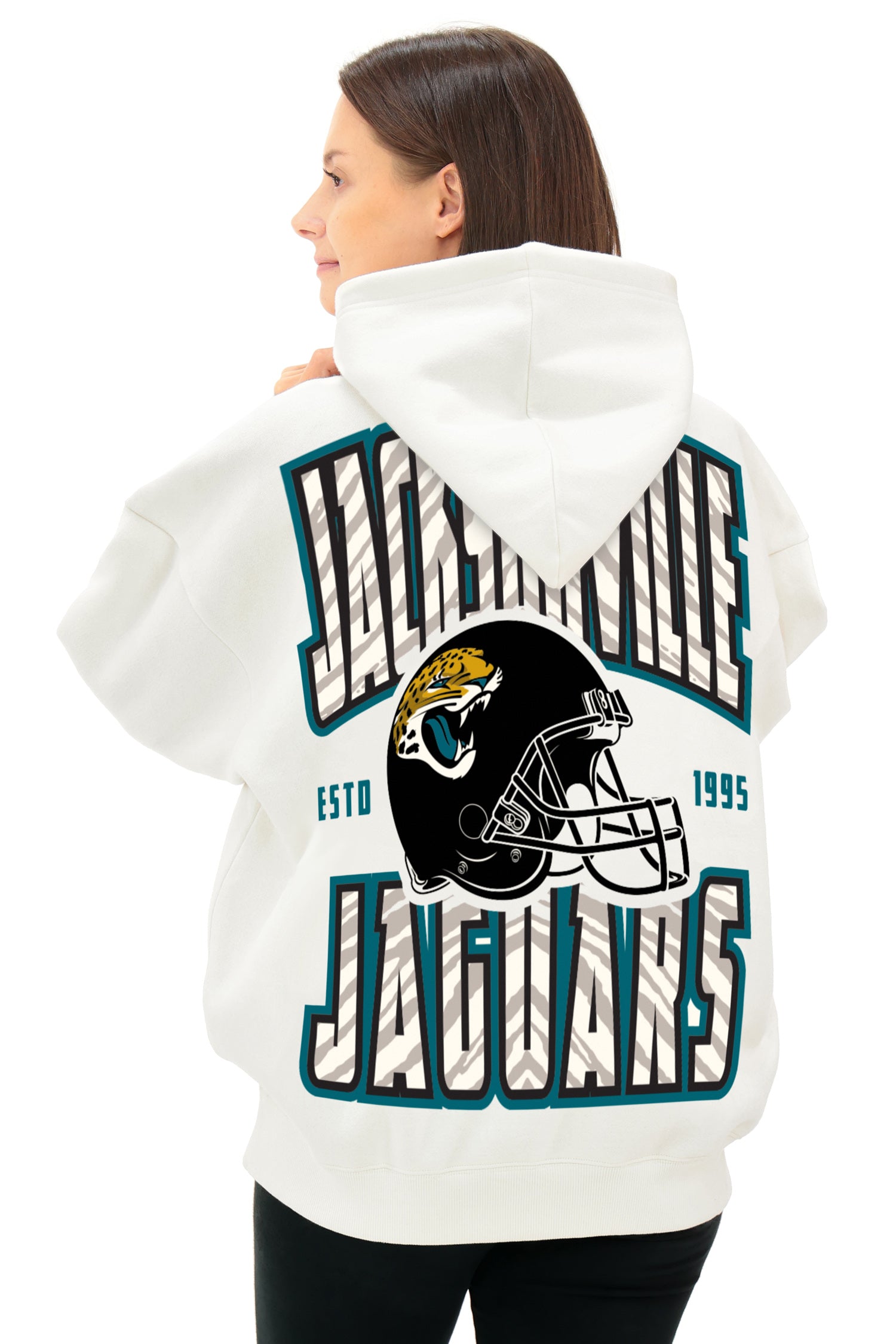 Zubaz NFL  UNISEX 90s Helmet Drop Shoulder Hoodies-Off White, JACKSONVILLE JAGUARS - Official NFL Jaguars Zubaz Apparel (9 of