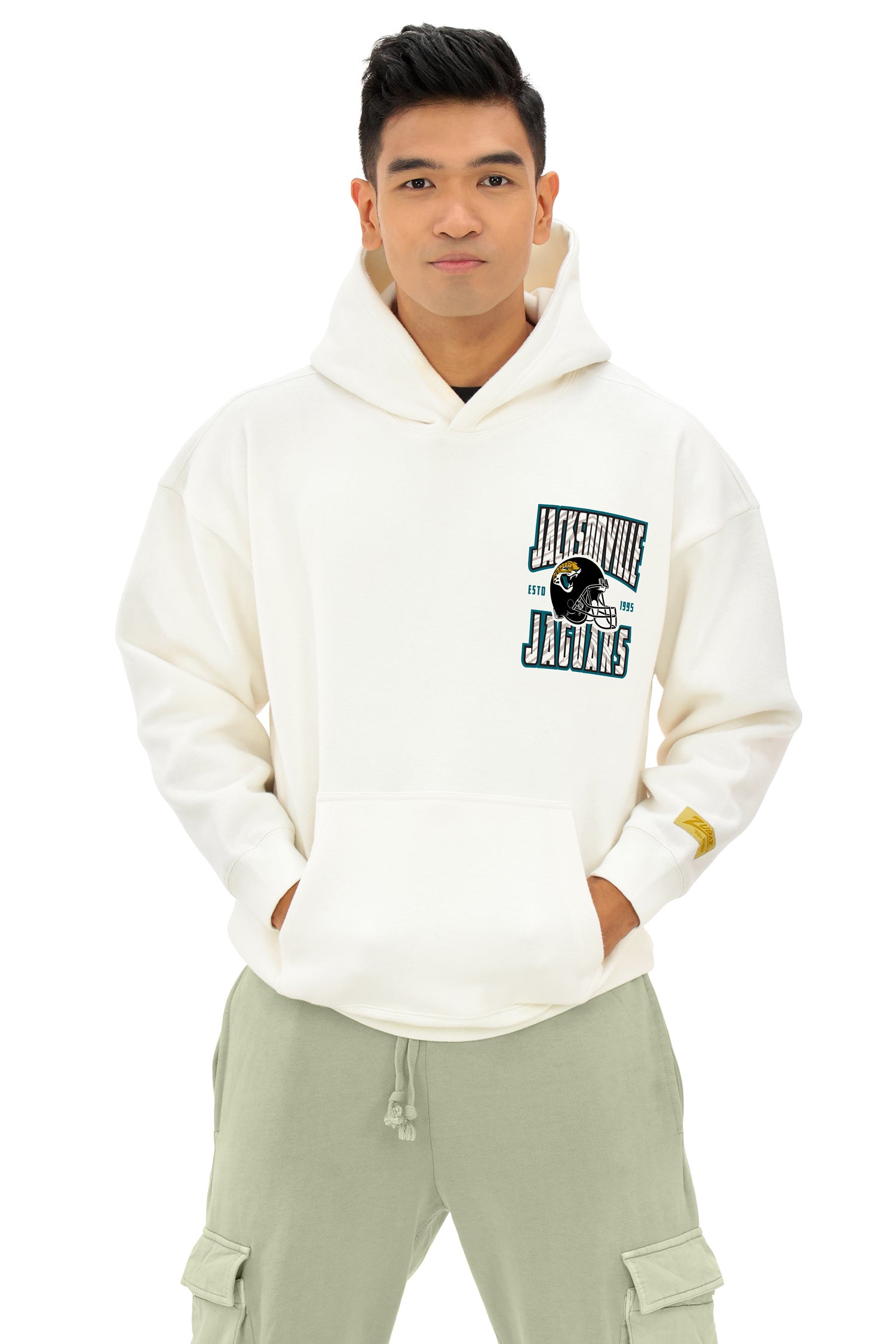 Zubaz NFL  UNISEX 90s Helmet Drop Shoulder Hoodies-Off White, JACKSONVILLE JAGUARS - Official NFL Jaguars Zubaz Apparel (10 o