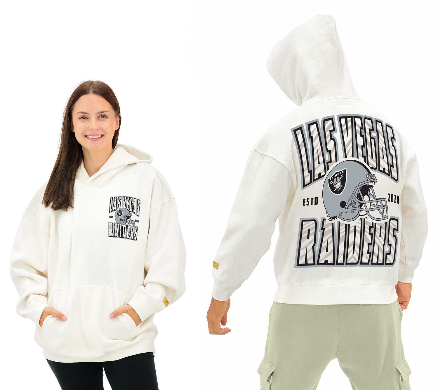 Zubaz NFL  UNISEX 90s Helmet Drop Shoulder Hoodies-Off White, LAS VEGAS RAIDERS