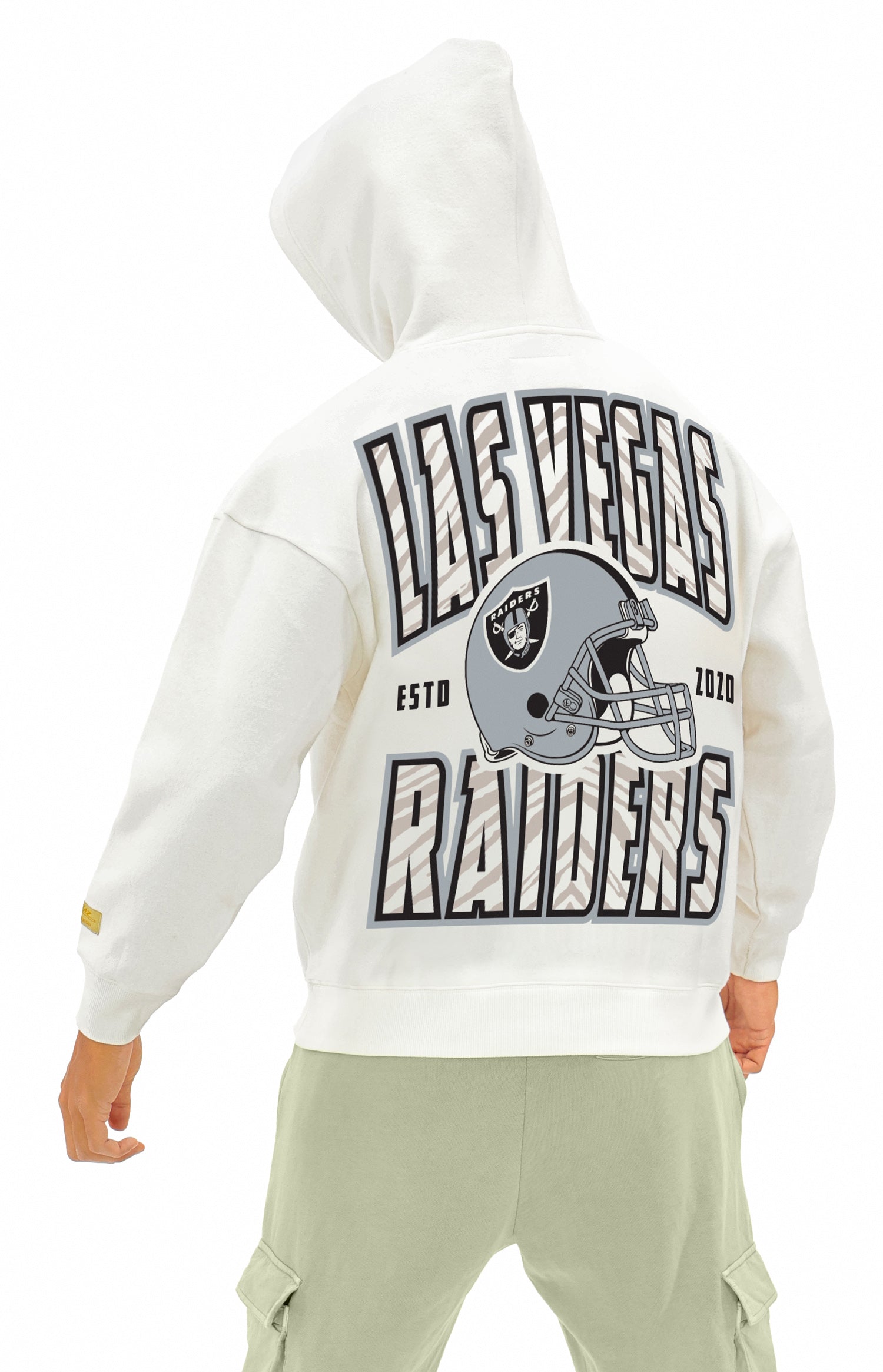Zubaz NFL  UNISEX 90s Helmet Drop Shoulder Hoodies-Off White, LAS VEGAS RAIDERS