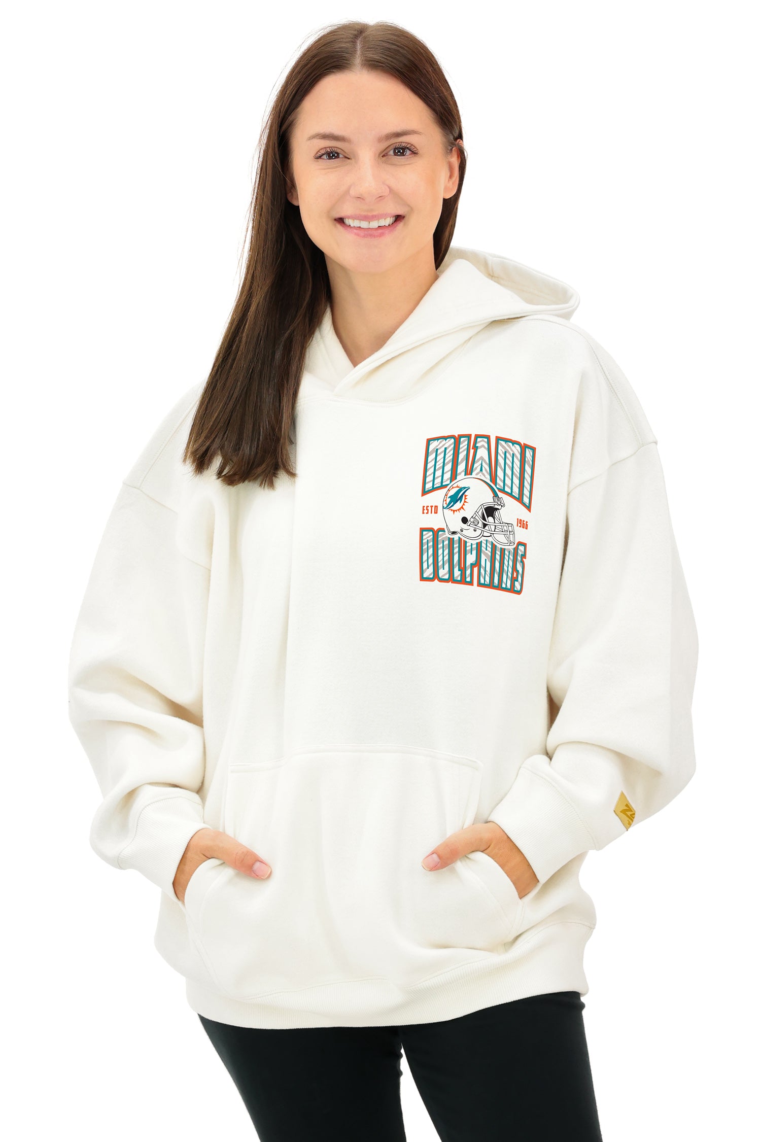 Zubaz NFL  UNISEX 90s Helmet Drop Shoulder Hoodies-Off White, MIAMI DOLPHINS