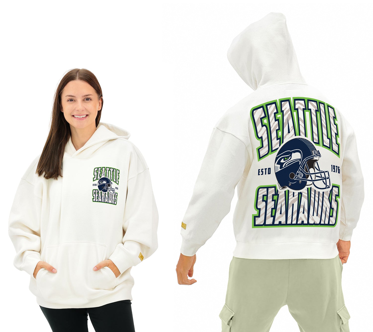 Zubaz NFL  UNISEX 90s Helmet Drop Shoulder Hoodies-Off White, SEATTLE SEAHAWKS - Official NFL Seahawks Zubaz Apparel (14 of 1