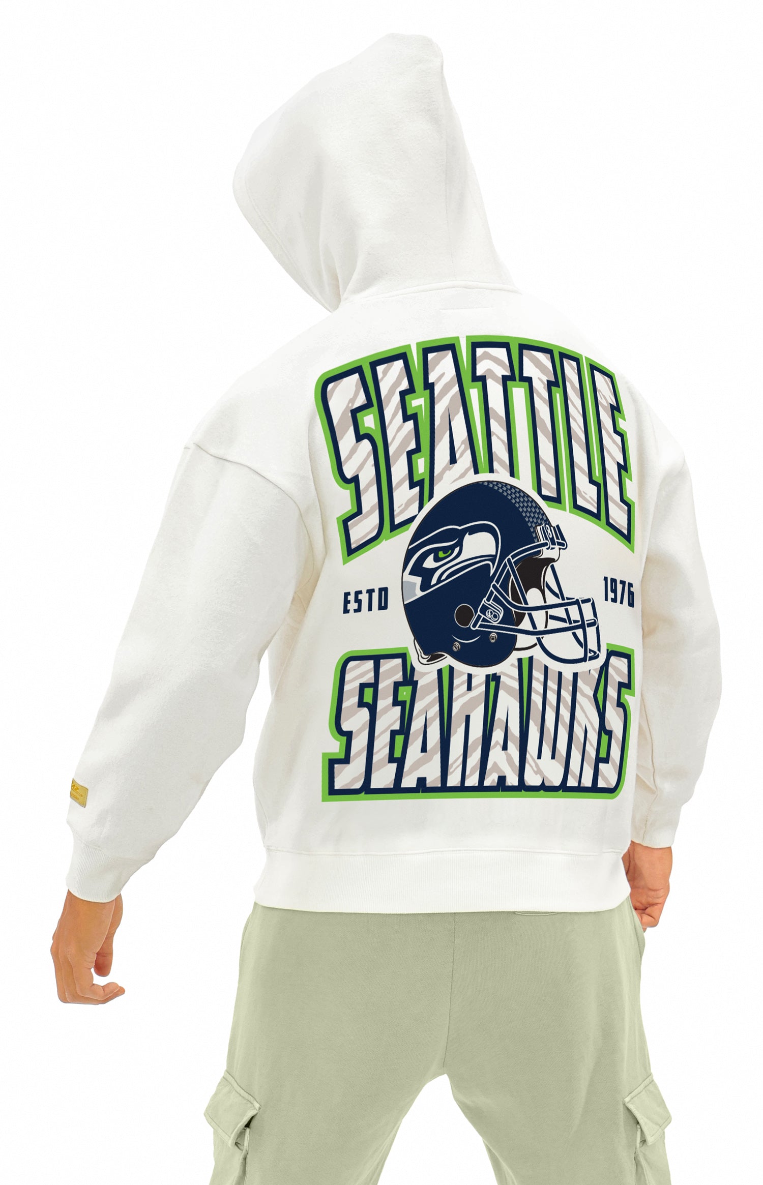 Zubaz NFL  UNISEX 90s Helmet Drop Shoulder Hoodies-Off White, SEATTLE SEAHAWKS - Official NFL Seahawks Zubaz Apparel (11 of 1