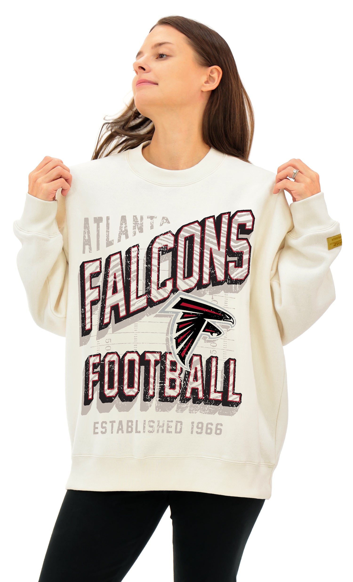 Zubaz NFL UNISEX 90s Vintage First Down Drop Shoulder Crewneck- Off Wh