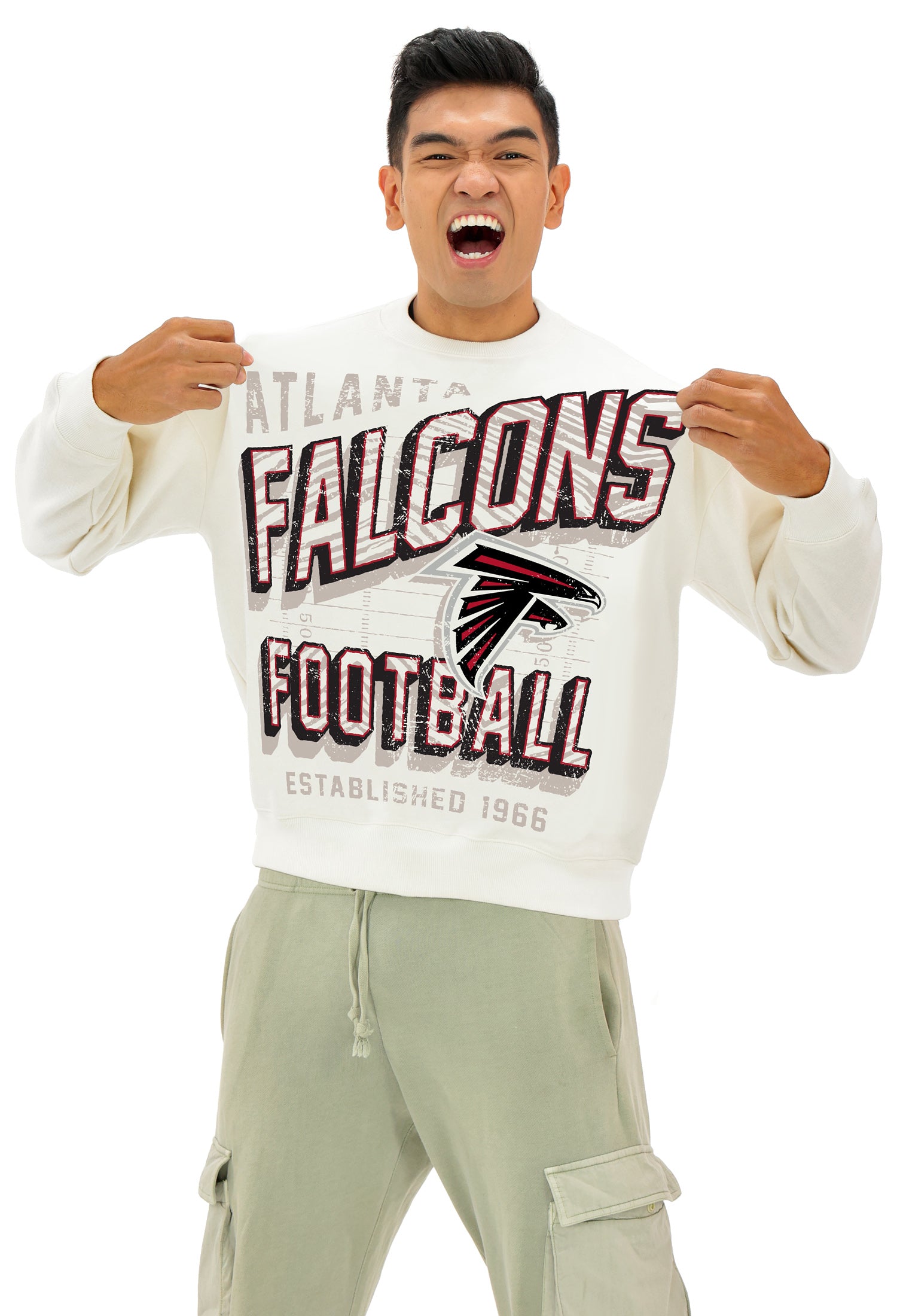 Zubaz NFL  UNISEX 90s Vintage Shadow Drop Shoulder Crewneck- Off White, ATLANTA FALCONS