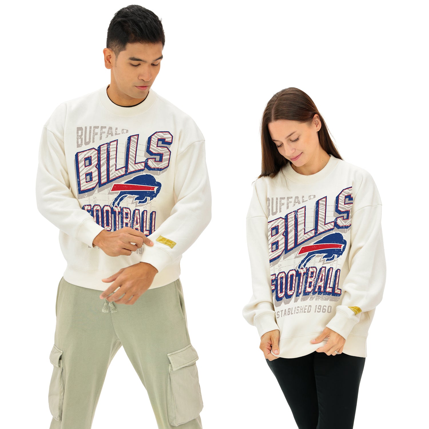 Zubaz NFL  UNISEX 90s Vintage Shadow Drop Shoulder Crewneck- Off White, BUFFALO BILLS