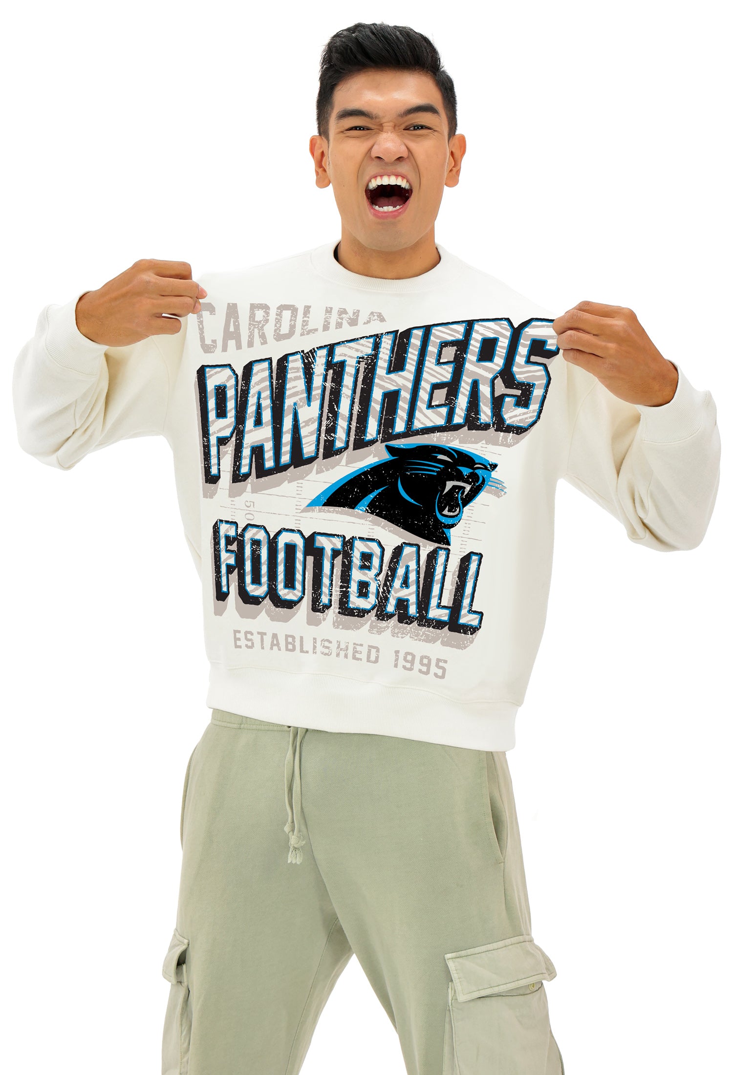 Zubaz NFL  UNISEX 90s Vintage Shadow Drop Shoulder Crewneck- Off White, CAROLINA PANTHERS